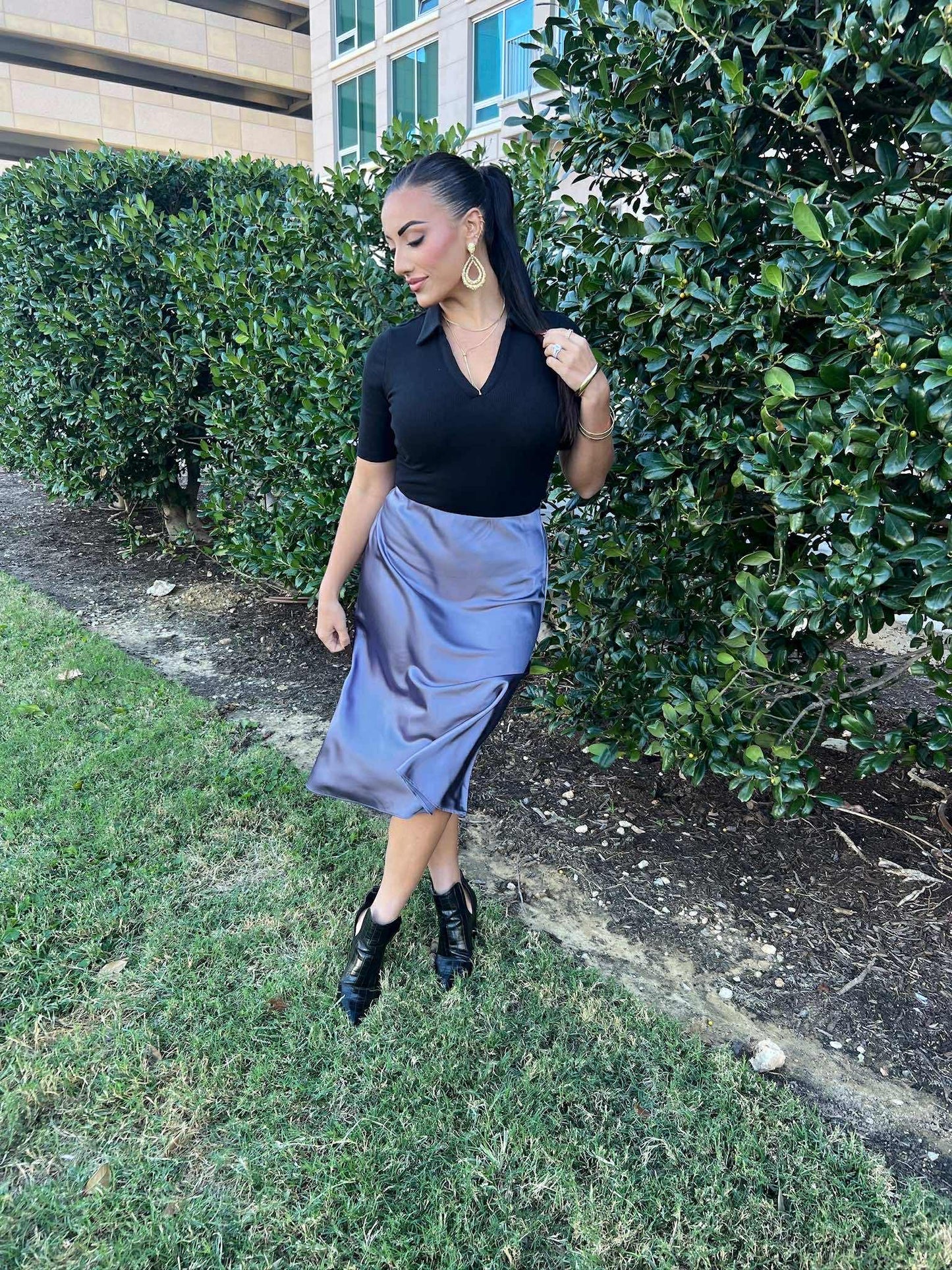 Satin Pencil Midi Skirt