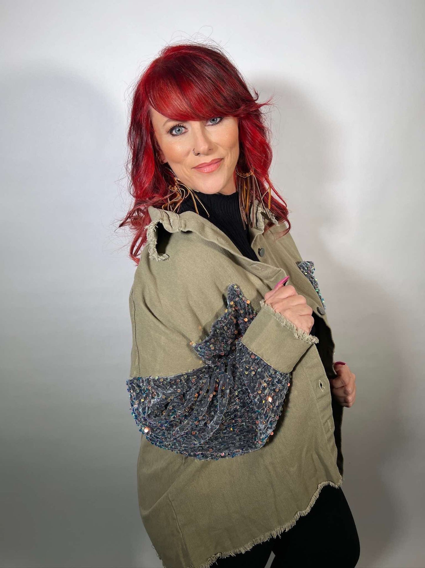 CONTRAST SEQUIN RAW HEM SHACKET