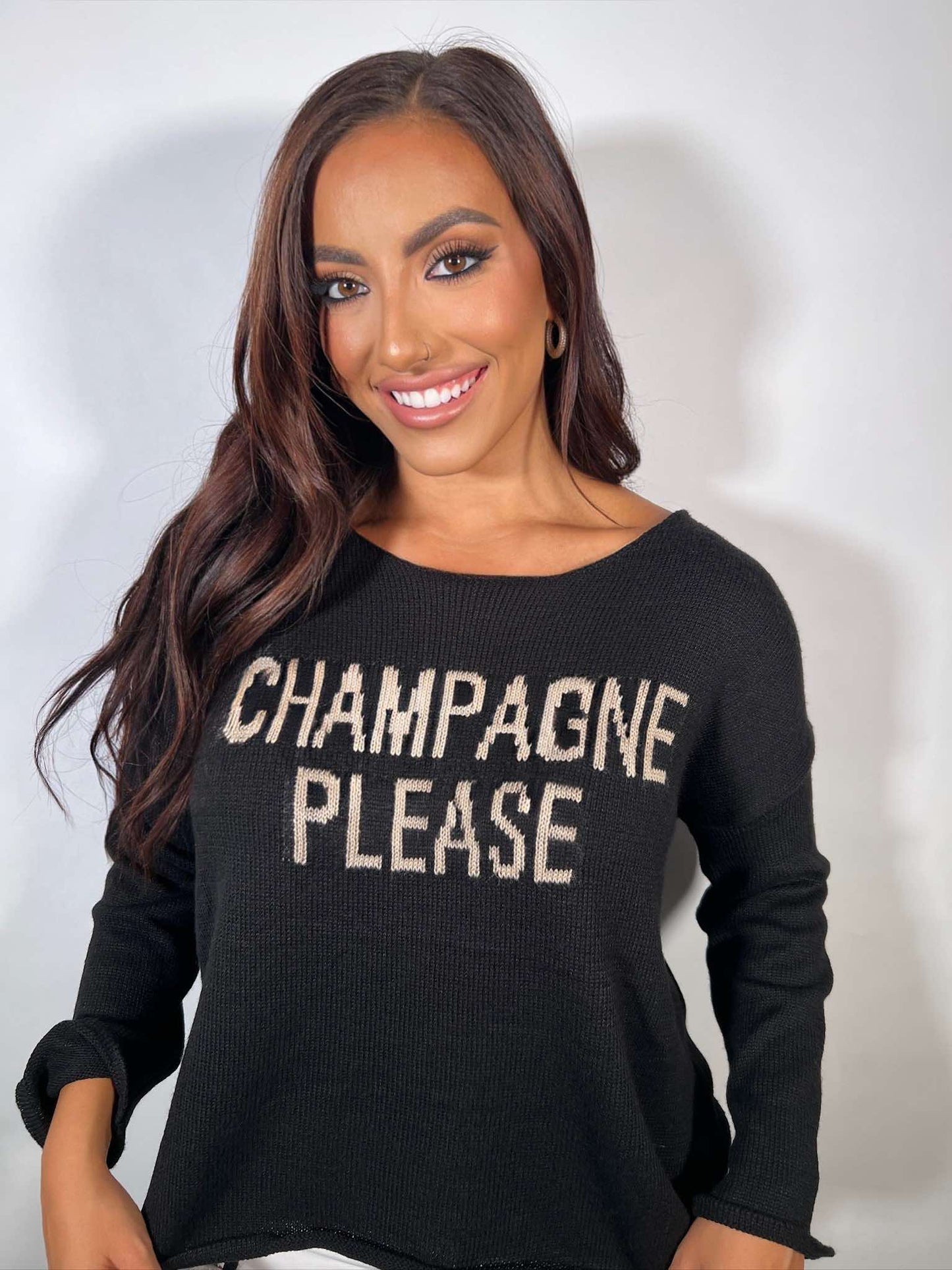 CHAMPAGNE PLEASE SAYING KNIT LIGHTWEIGHT SWEATER