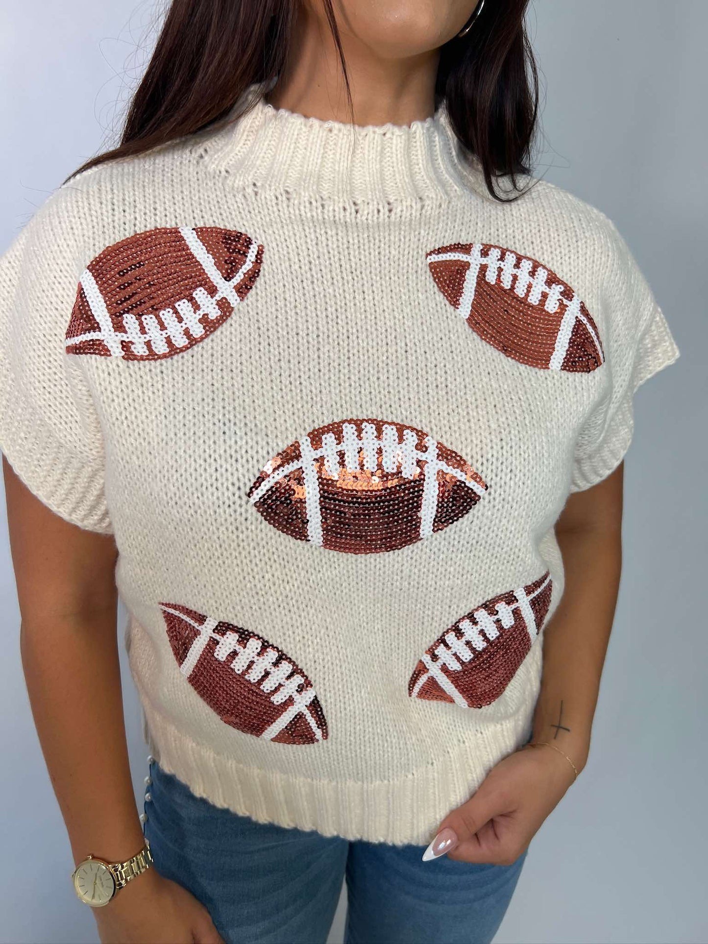 SEQUIN FOOTBALL PATCHES RIB BANDED SWEATER