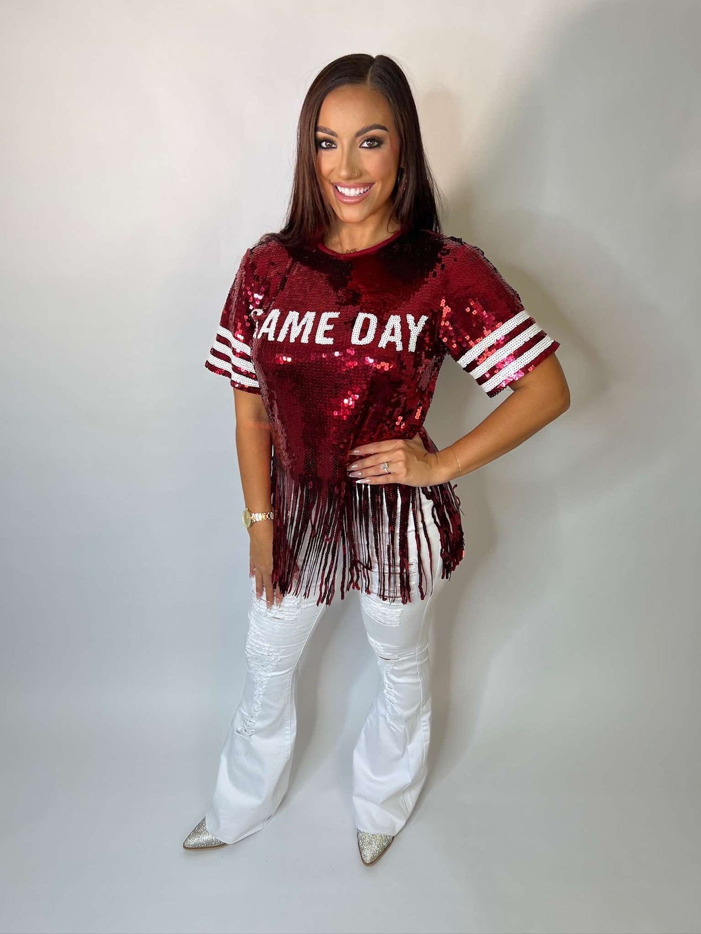 Fringe sequin top with gameday art work