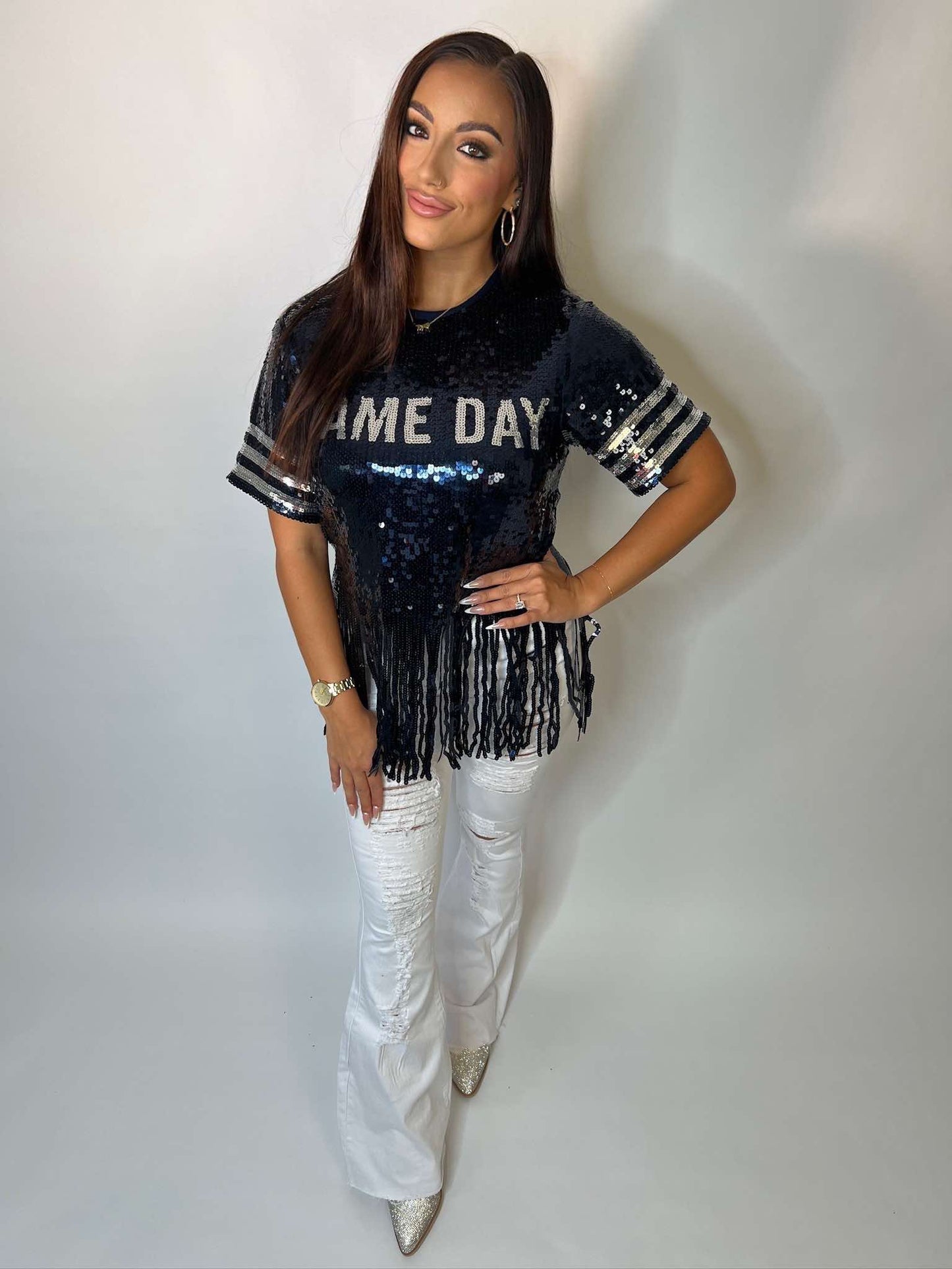 Fringe sequin top with gameday art work