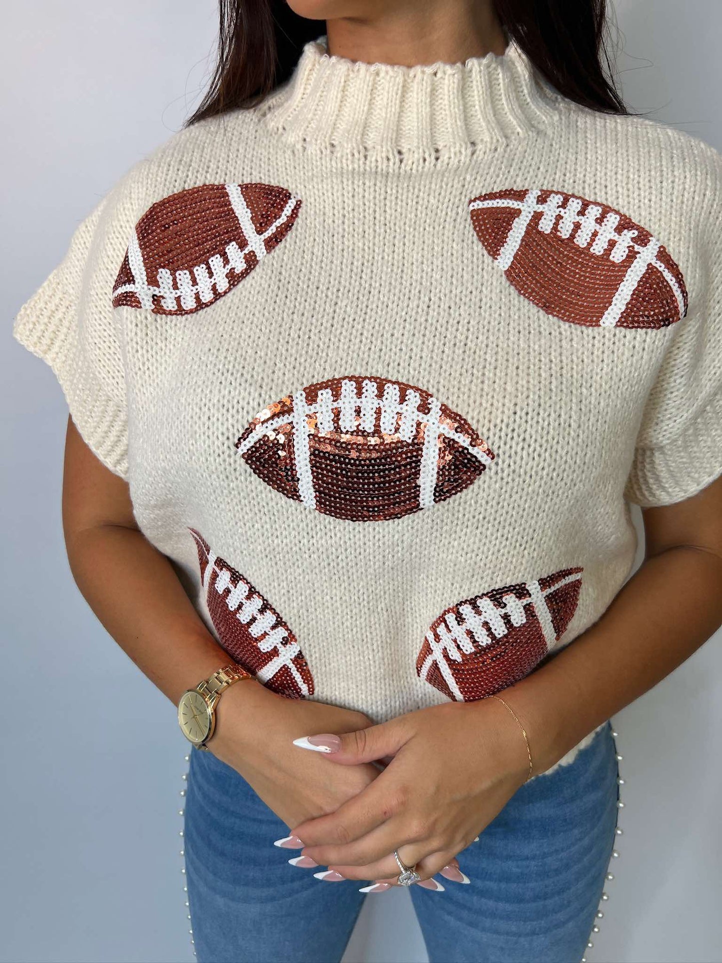 SEQUIN FOOTBALL PATCHES RIB BANDED SWEATER