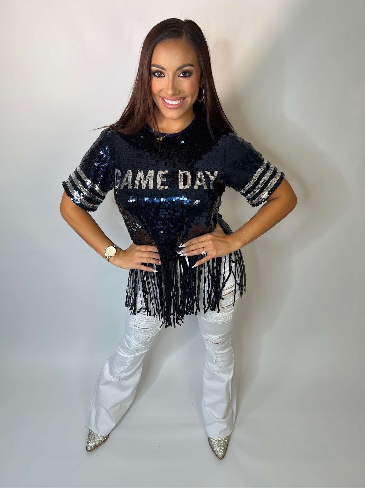 Fringe sequin top with gameday art work