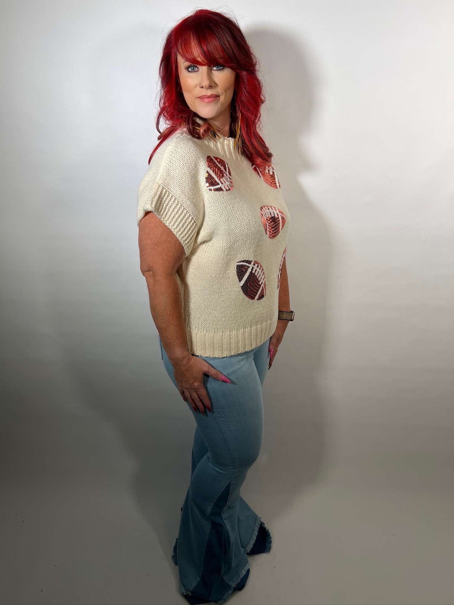 SEQUIN FOOTBALL PATCHES RIB BANDED SWEATER