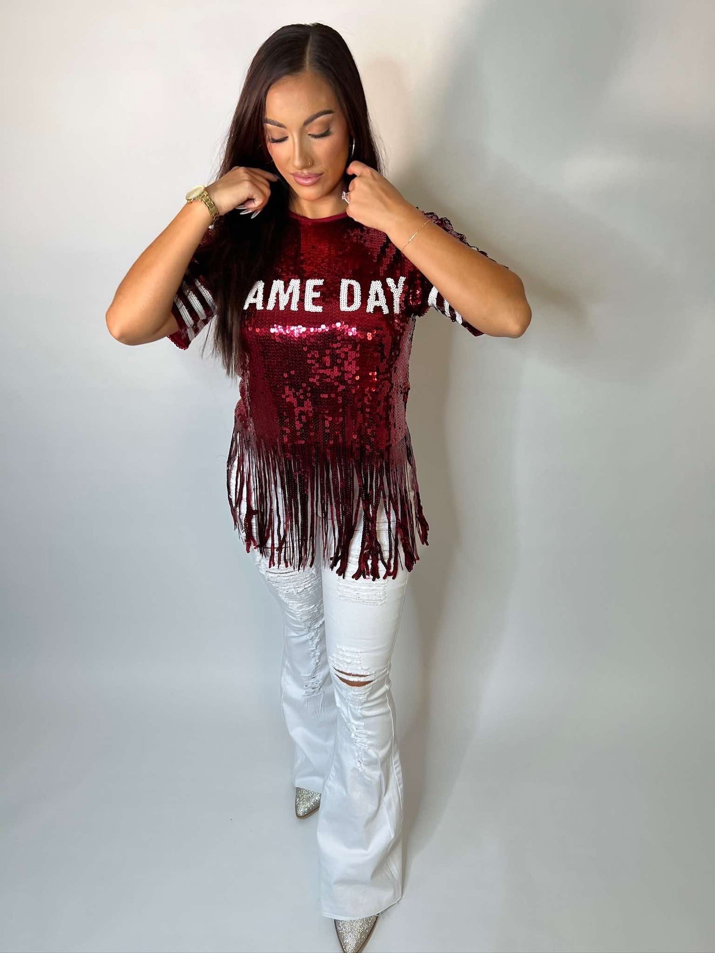 Fringe sequin top with gameday art work