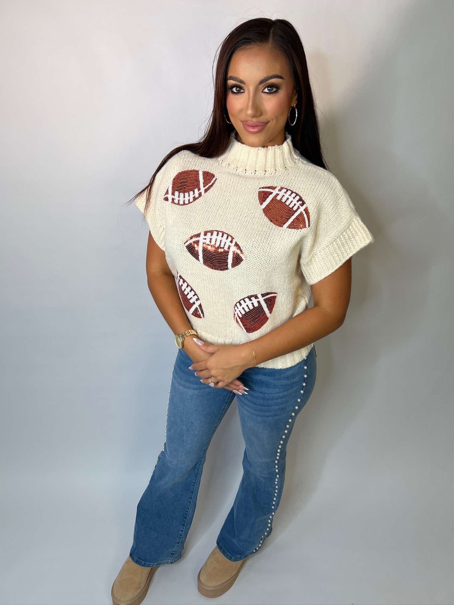 SEQUIN FOOTBALL PATCHES RIB BANDED SWEATER