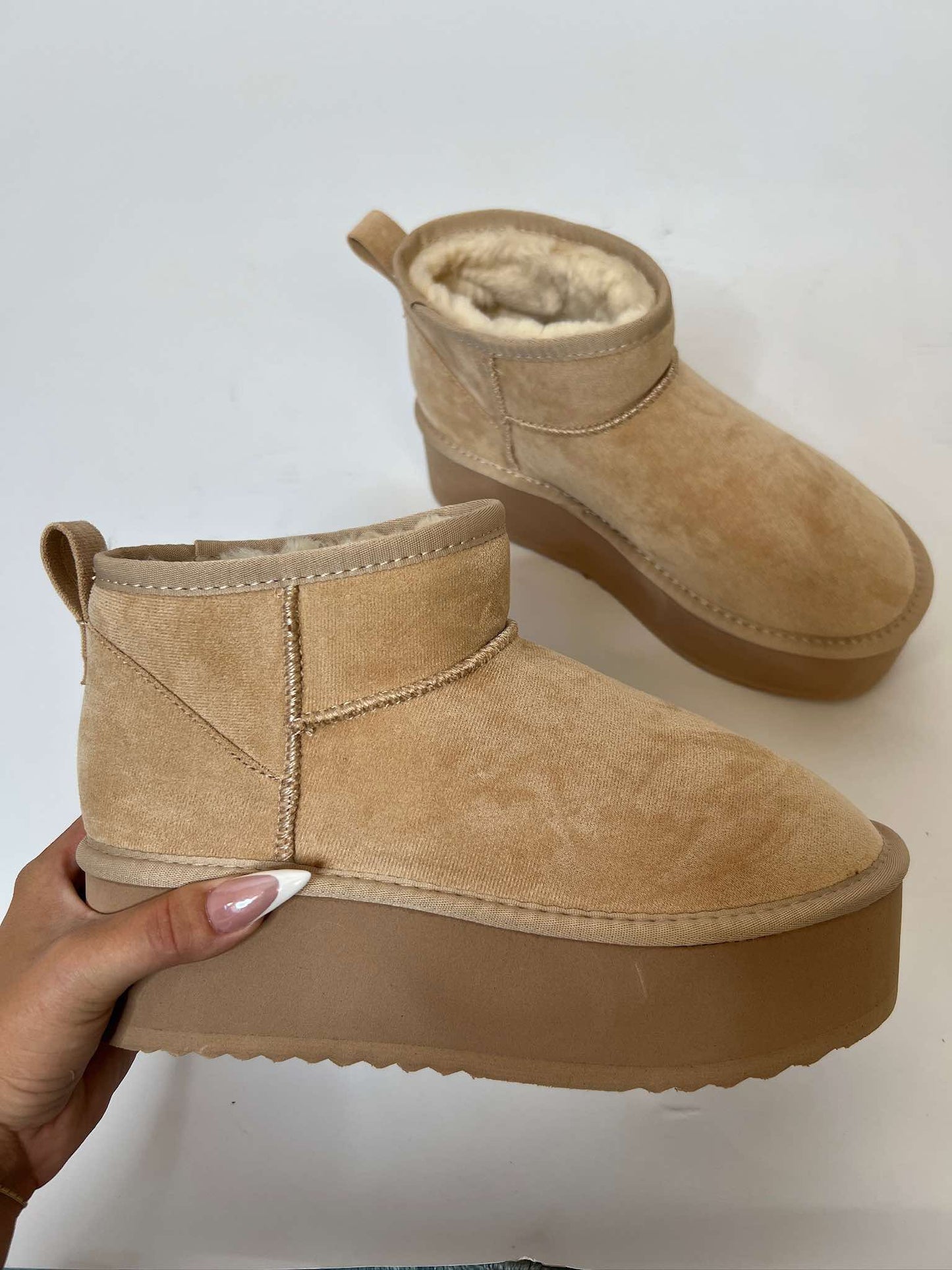 BENJI MINI ANKLE PLATFORM HEEL FUR-LINED UGG STYLE BOOTS
