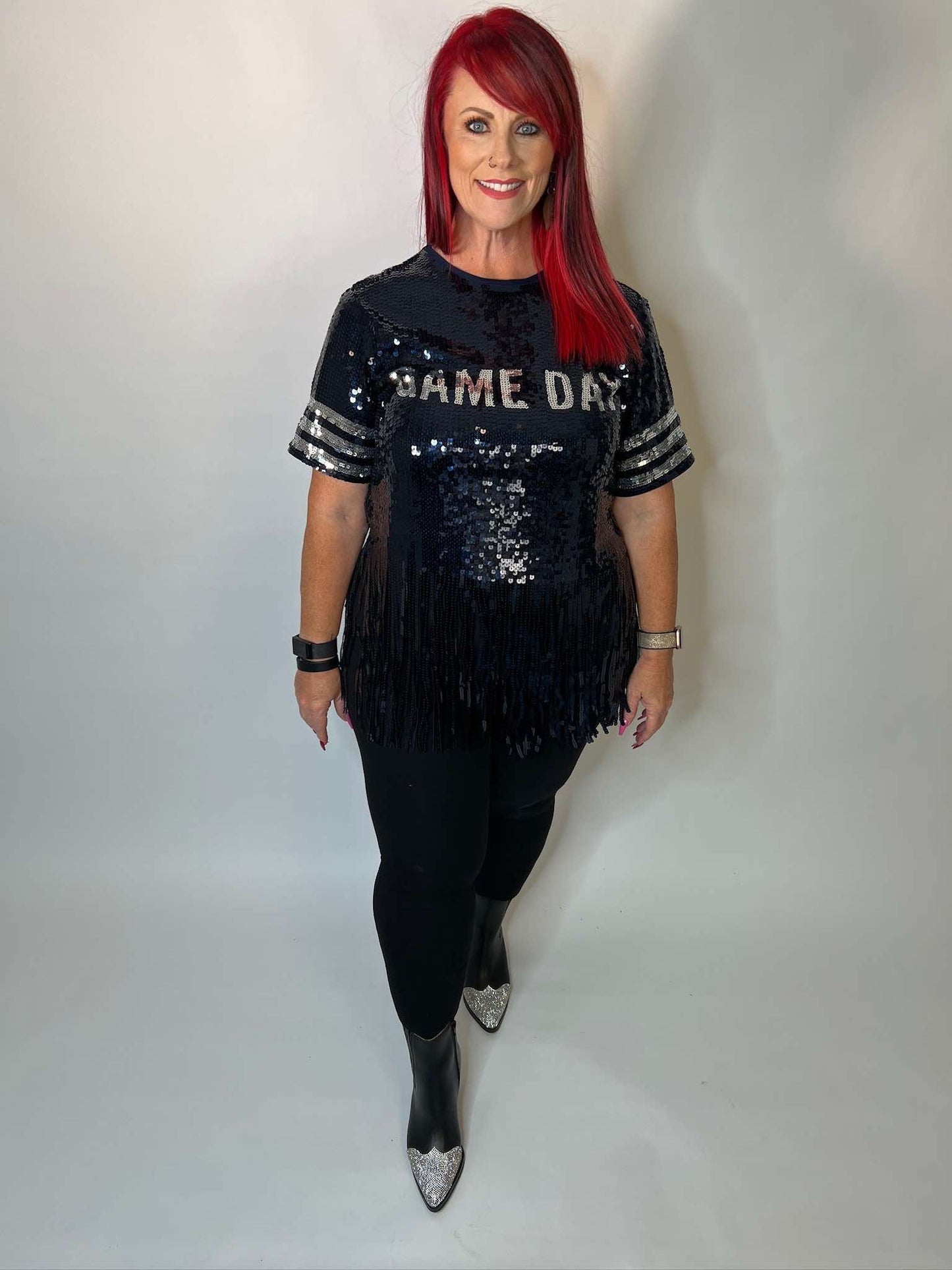 Fringe sequin top with gameday art work