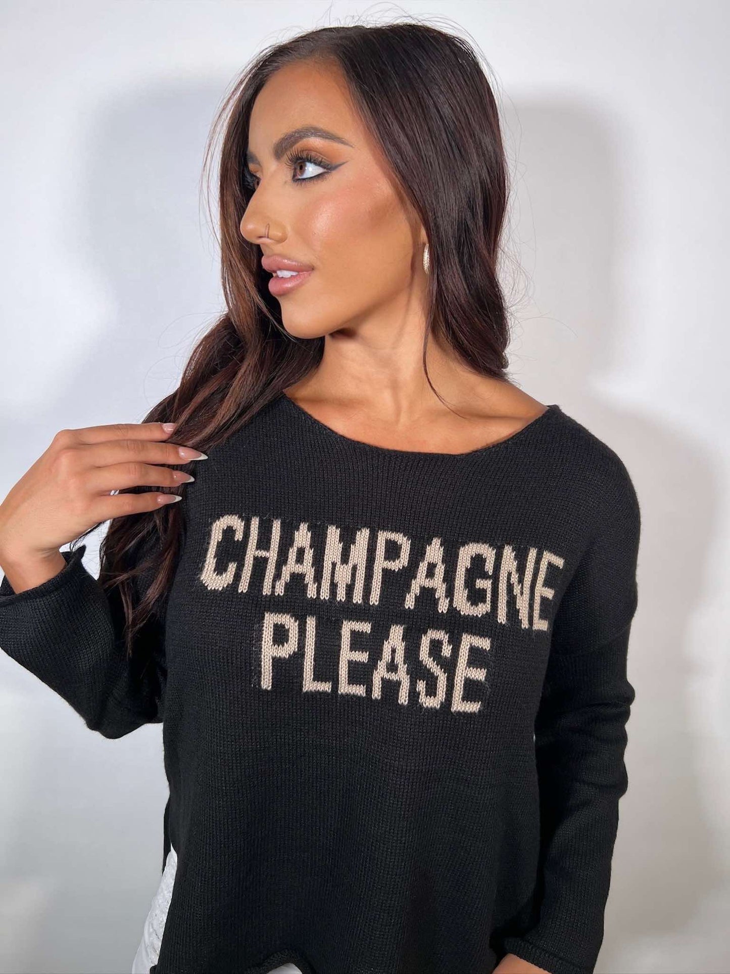CHAMPAGNE PLEASE SAYING KNIT LIGHTWEIGHT SWEATER