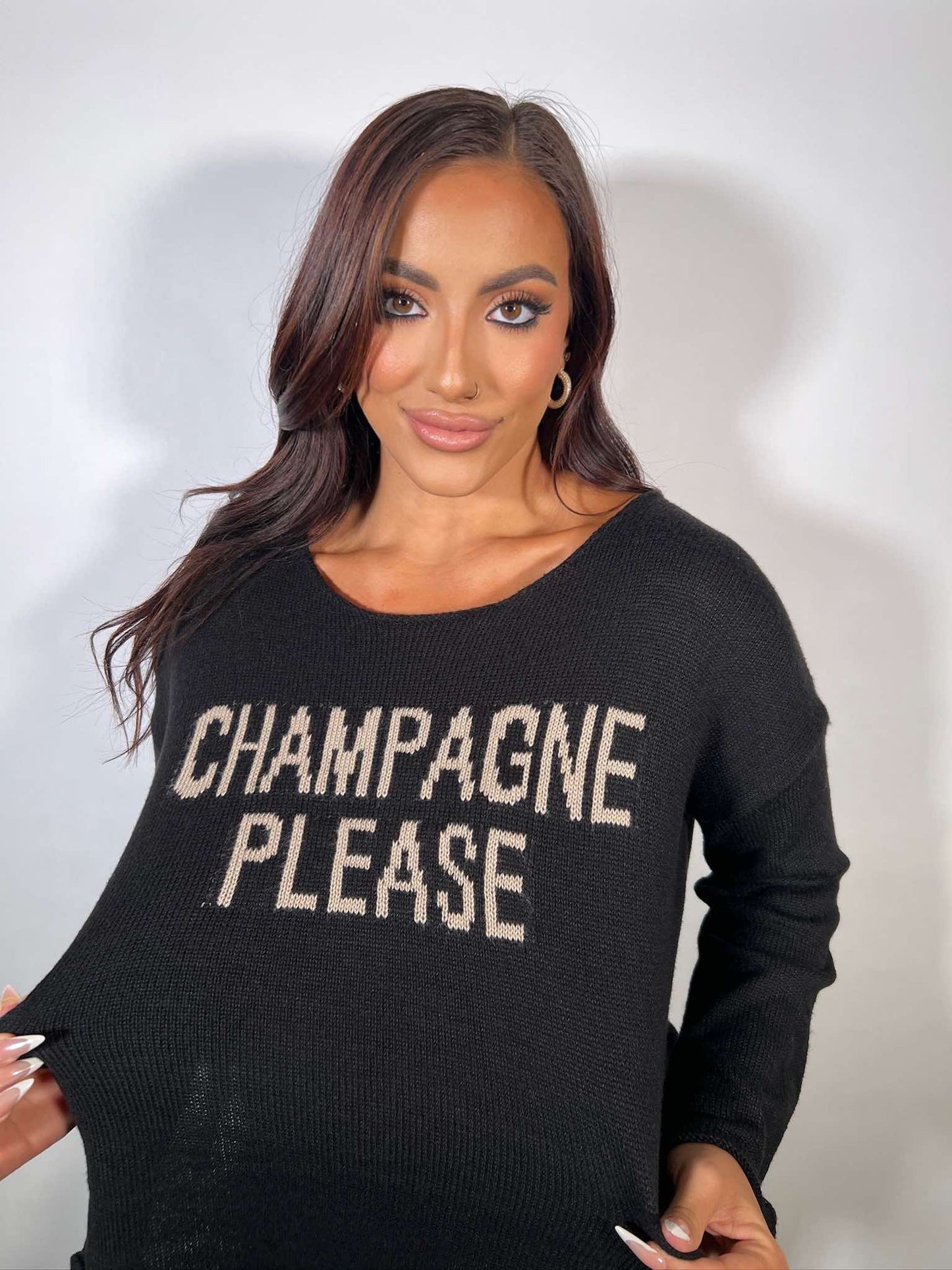 CHAMPAGNE PLEASE SAYING KNIT LIGHTWEIGHT SWEATER