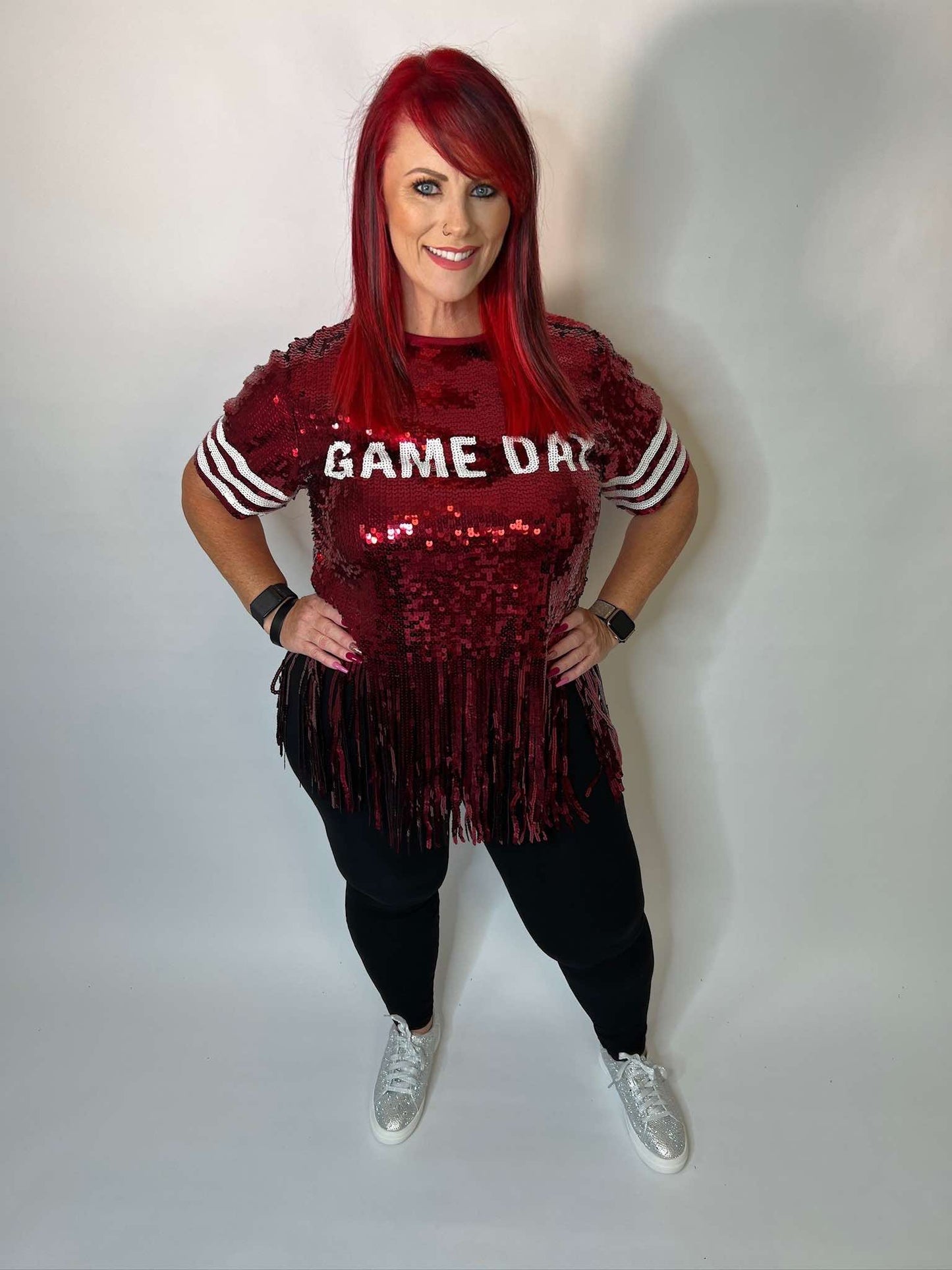 Fringe sequin top with gameday art work