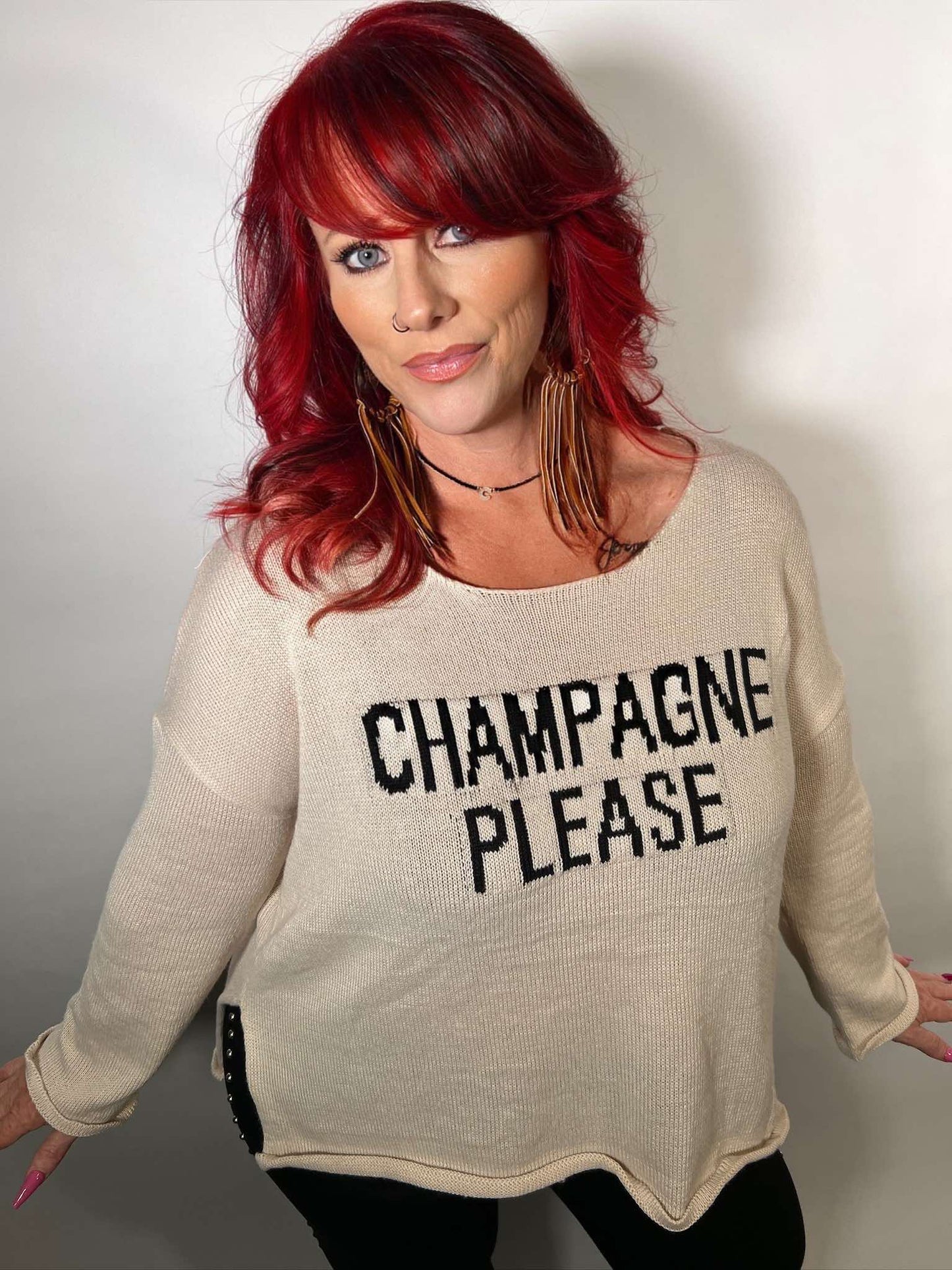 CHAMPAGNE PLEASE SAYING KNIT LIGHTWEIGHT SWEATER