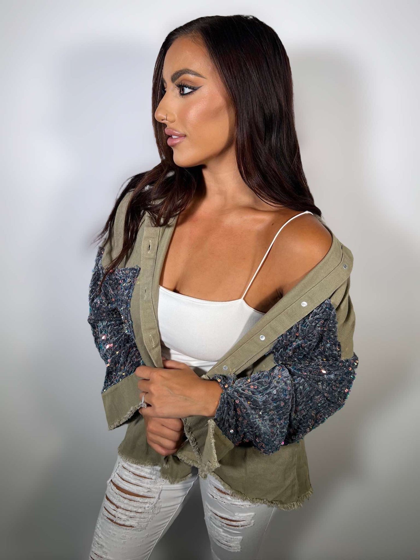 CONTRAST SEQUIN RAW HEM SHACKET