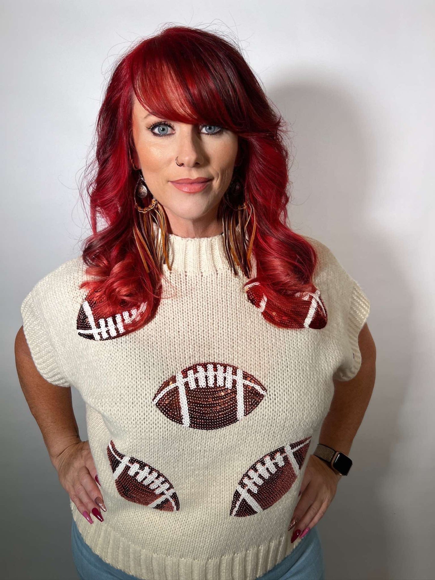 SEQUIN FOOTBALL PATCHES RIB BANDED SWEATER