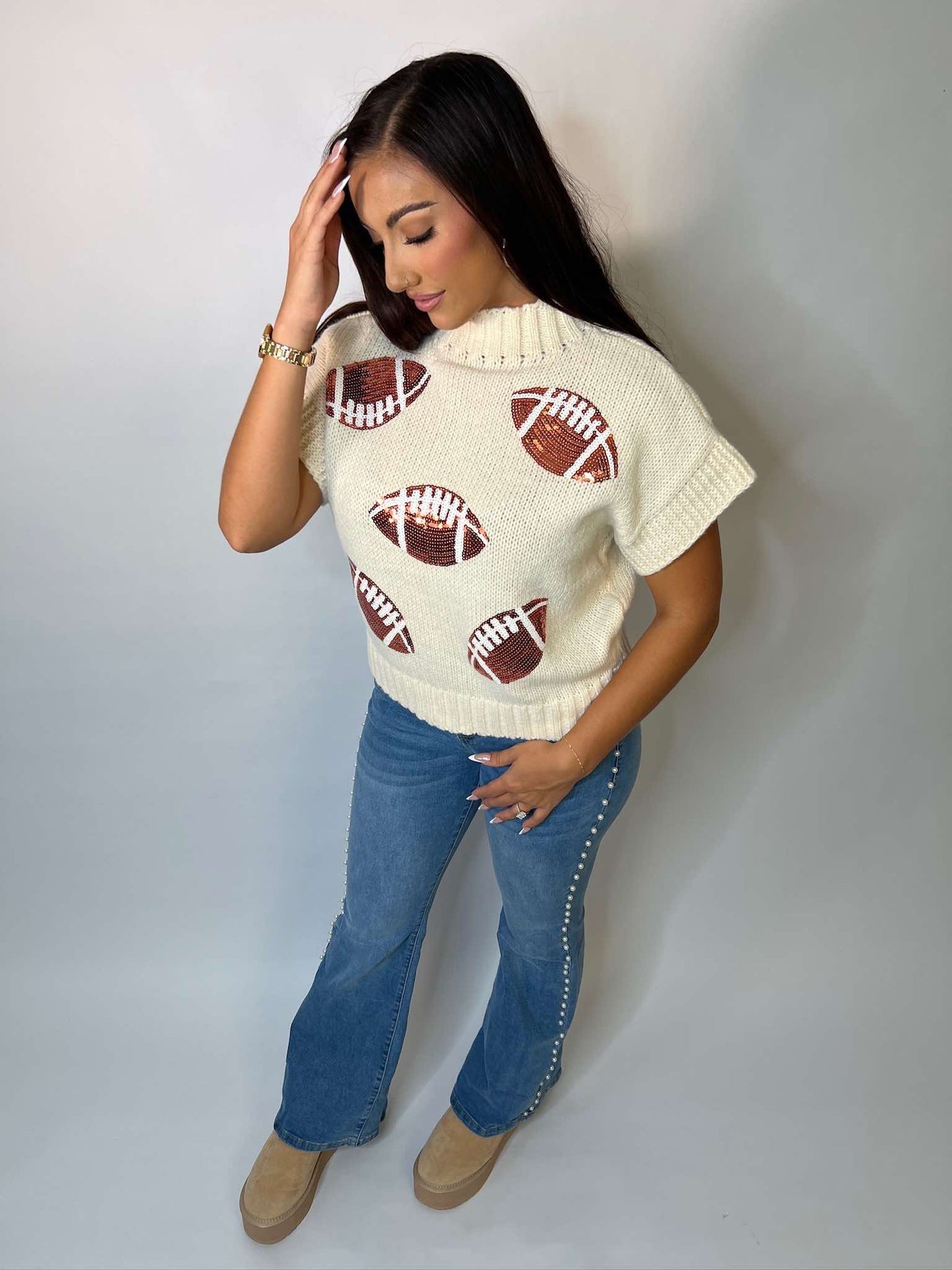 SEQUIN FOOTBALL PATCHES RIB BANDED SWEATER