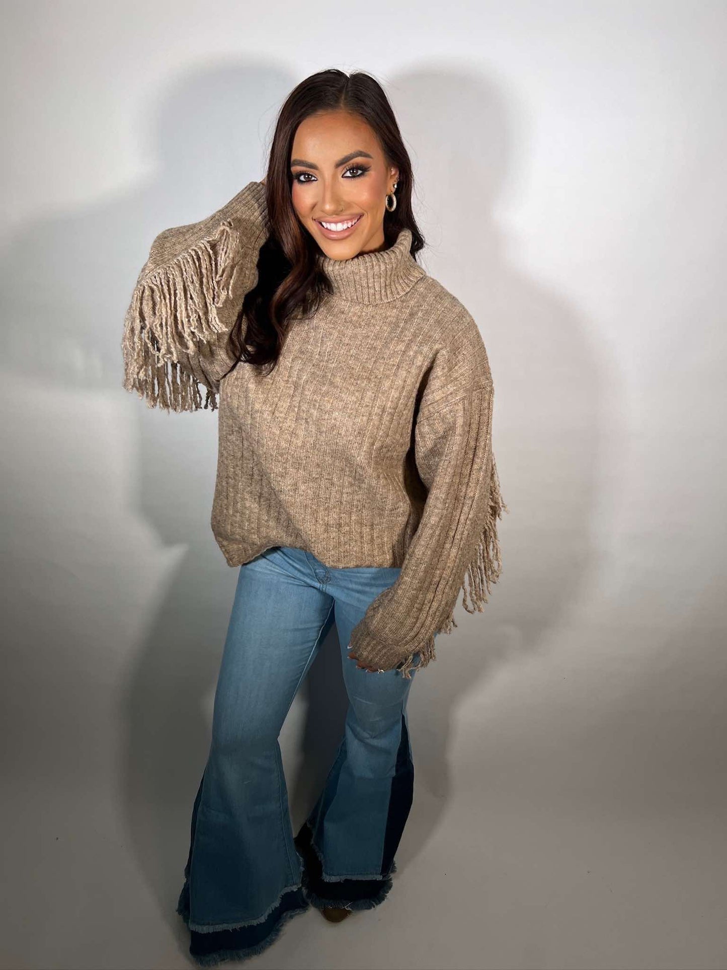 TURTLE NECK BK FRINGE SHAGGY OVERSIZED SWEATER TOP