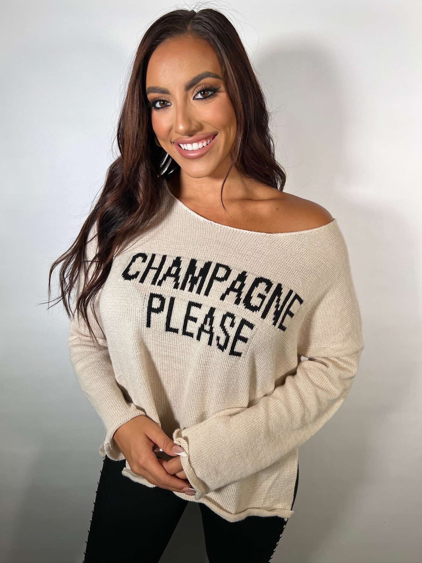 CHAMPAGNE PLEASE SAYING KNIT LIGHTWEIGHT SWEATER