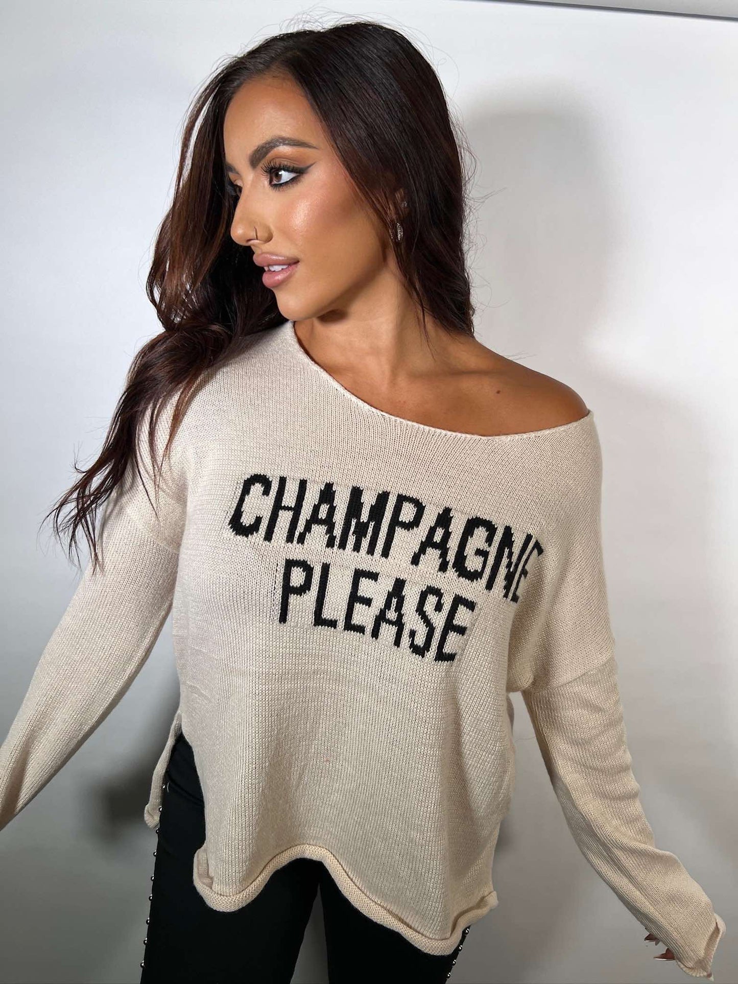 CHAMPAGNE PLEASE SAYING KNIT LIGHTWEIGHT SWEATER