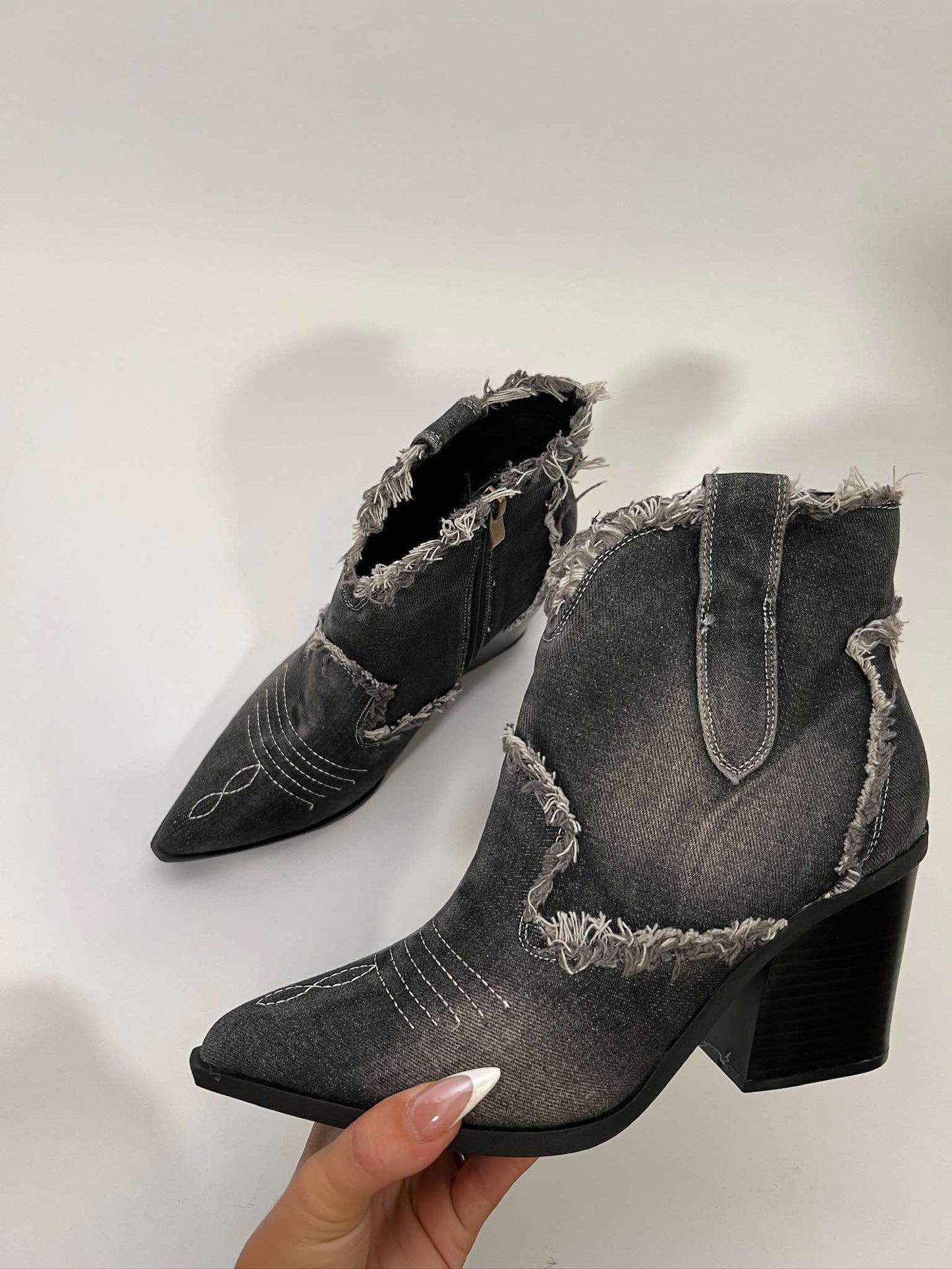Frayed Denim Zipper Ankle Western Cowboy Boots