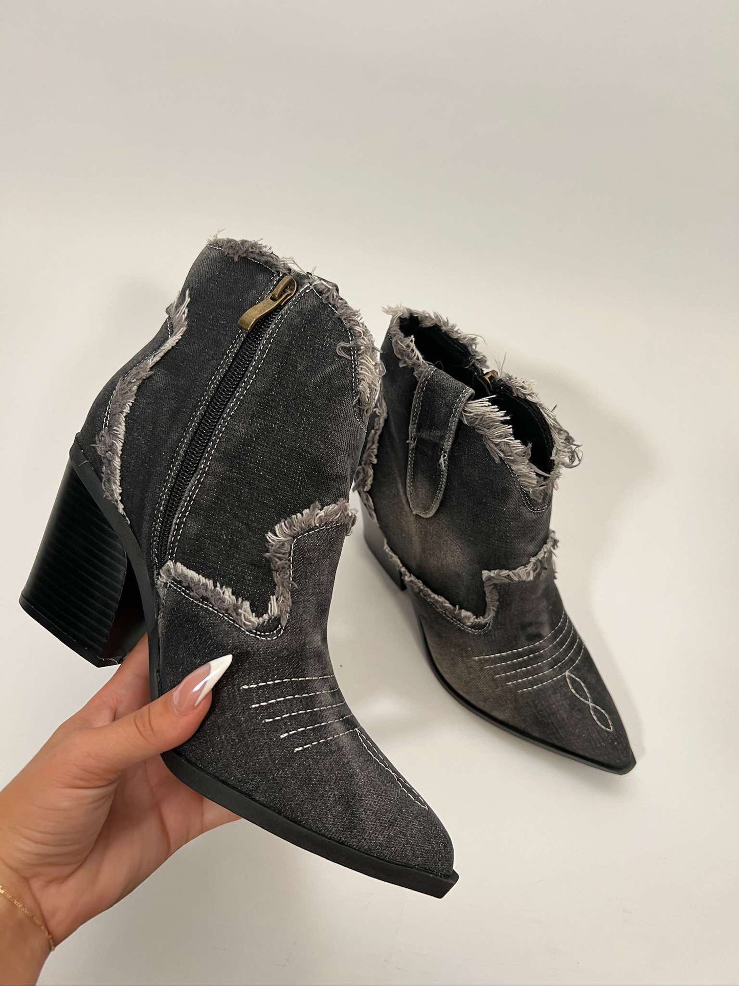 Frayed Denim Zipper Ankle Western Cowboy Boots