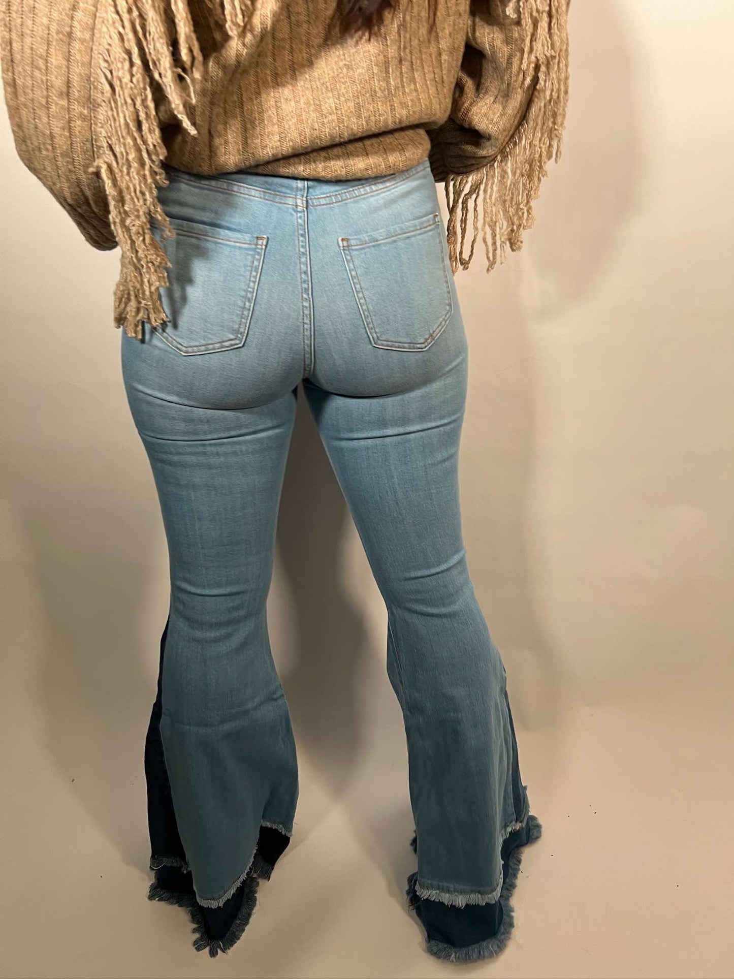 High Rise Light Blue Two Tones Flare Jeans