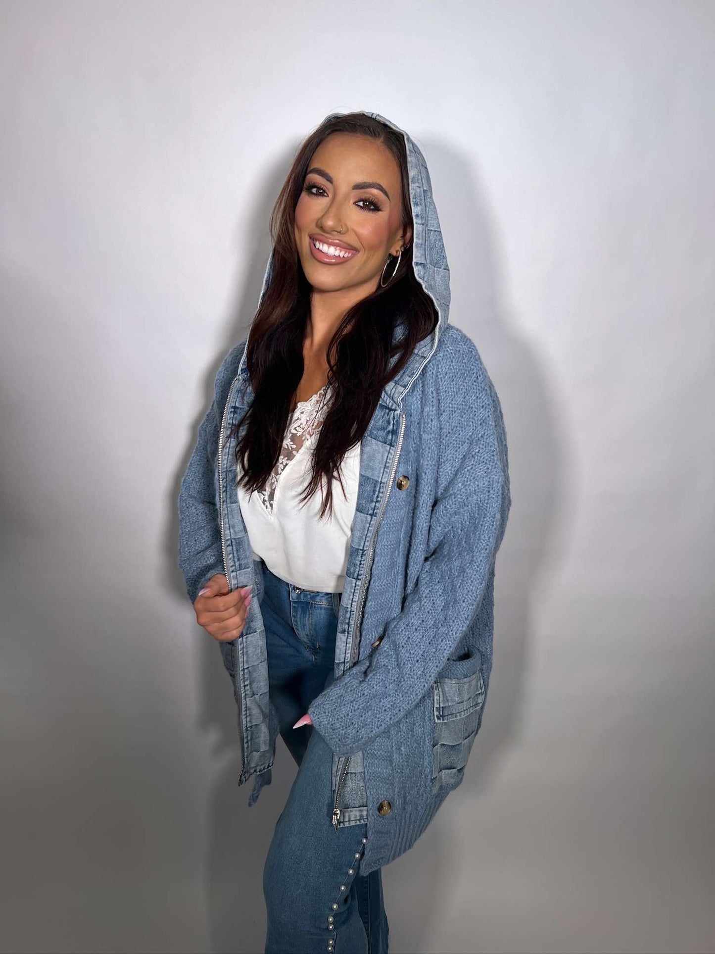 WASHED CHECKER DENIM ZIP UP SWEATER CARDIGAN