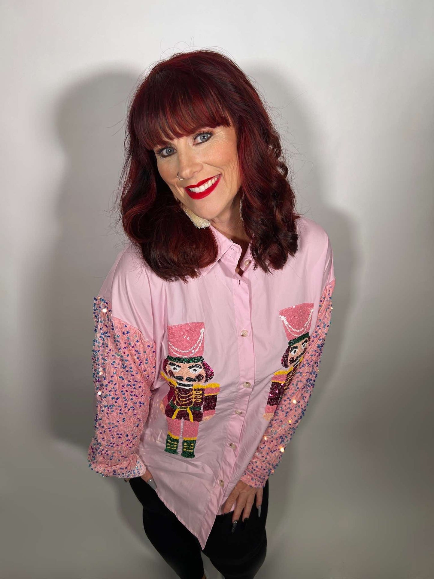 SEQUIN NUTCRACKERS VELVET SEQUIN SLEEVE SHIRT