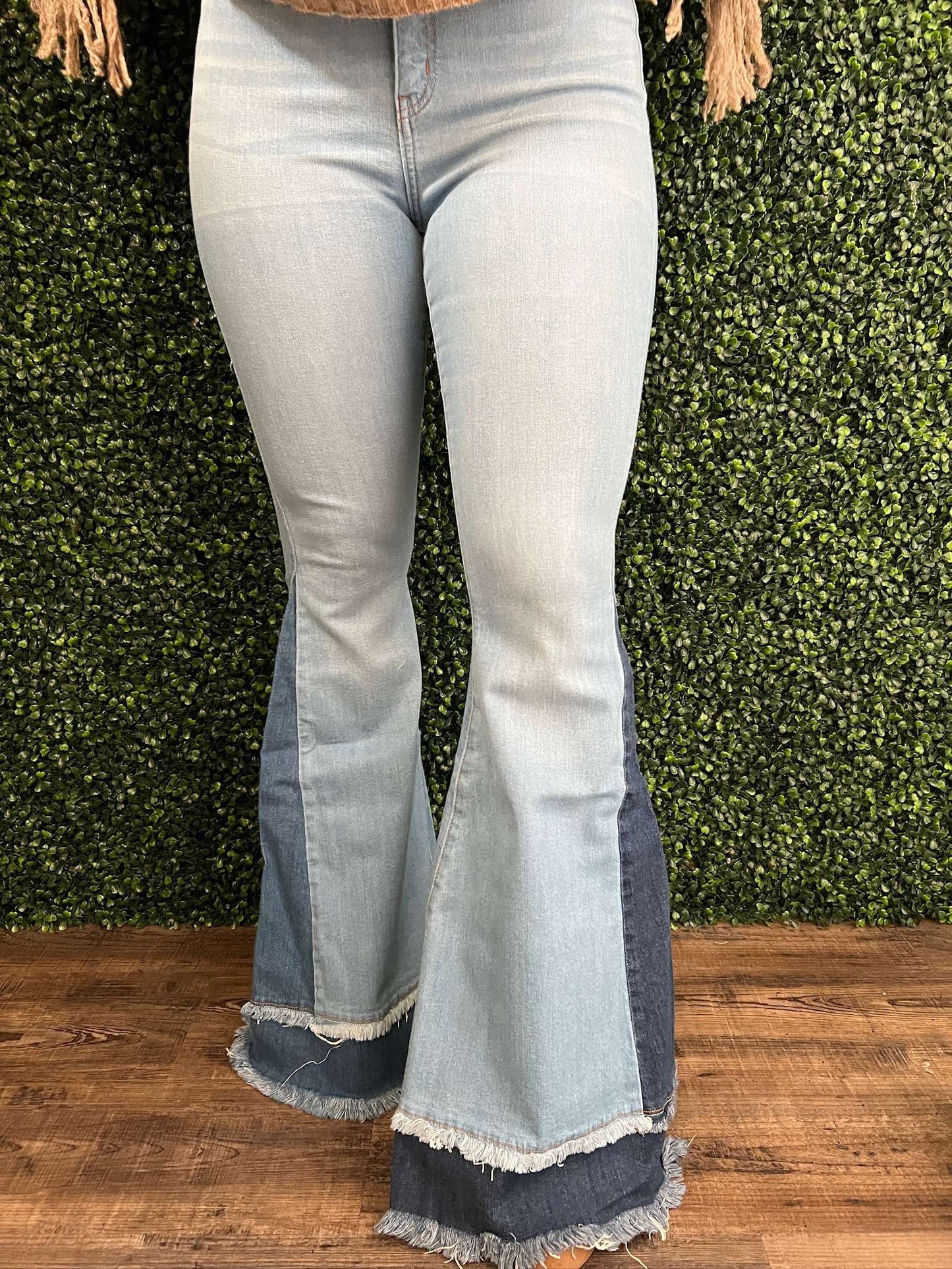 High Rise Light Blue Two Tones Flare Jeans