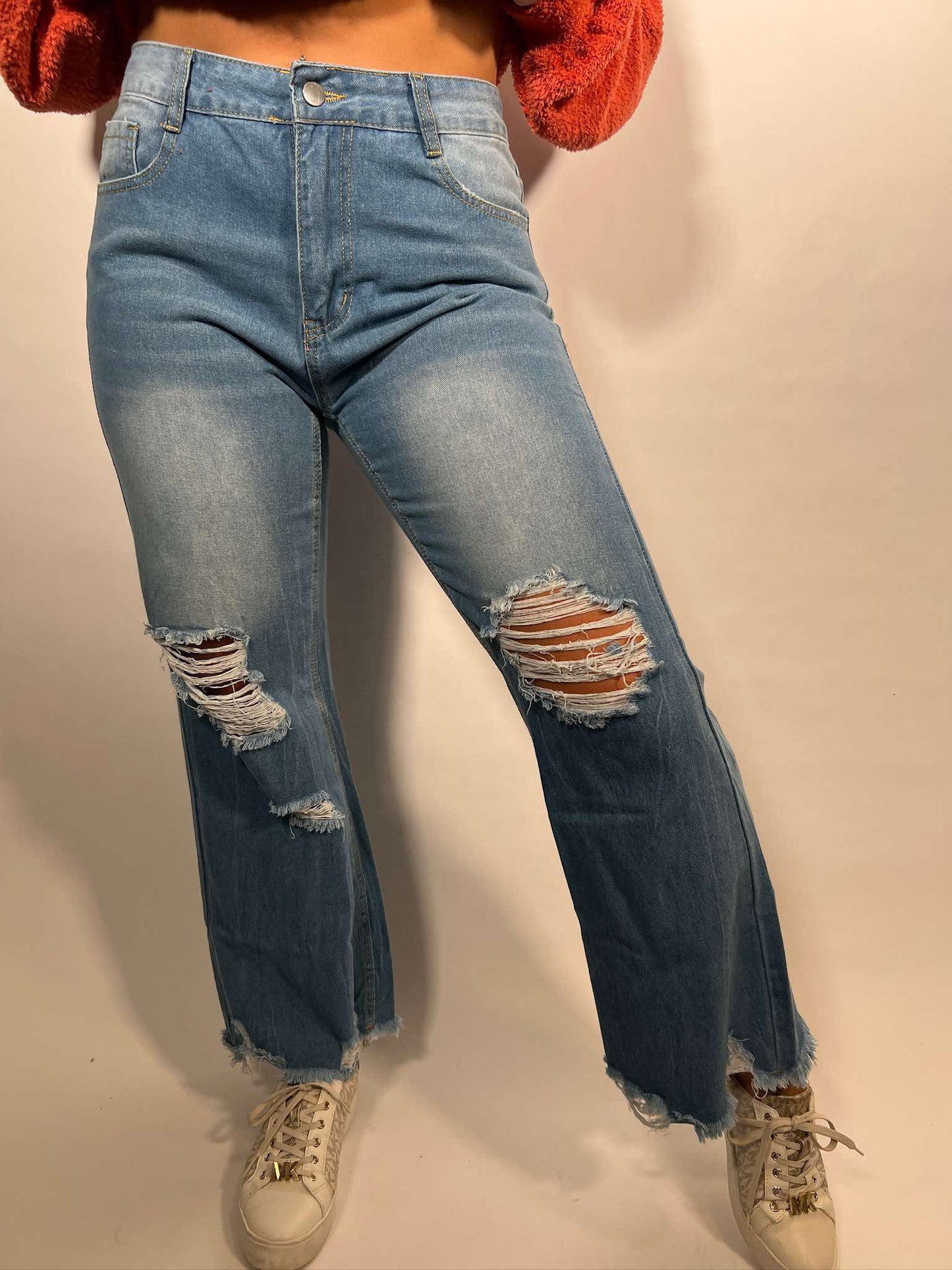 LONG JEANS WITH RIPPED FRINGE WASH