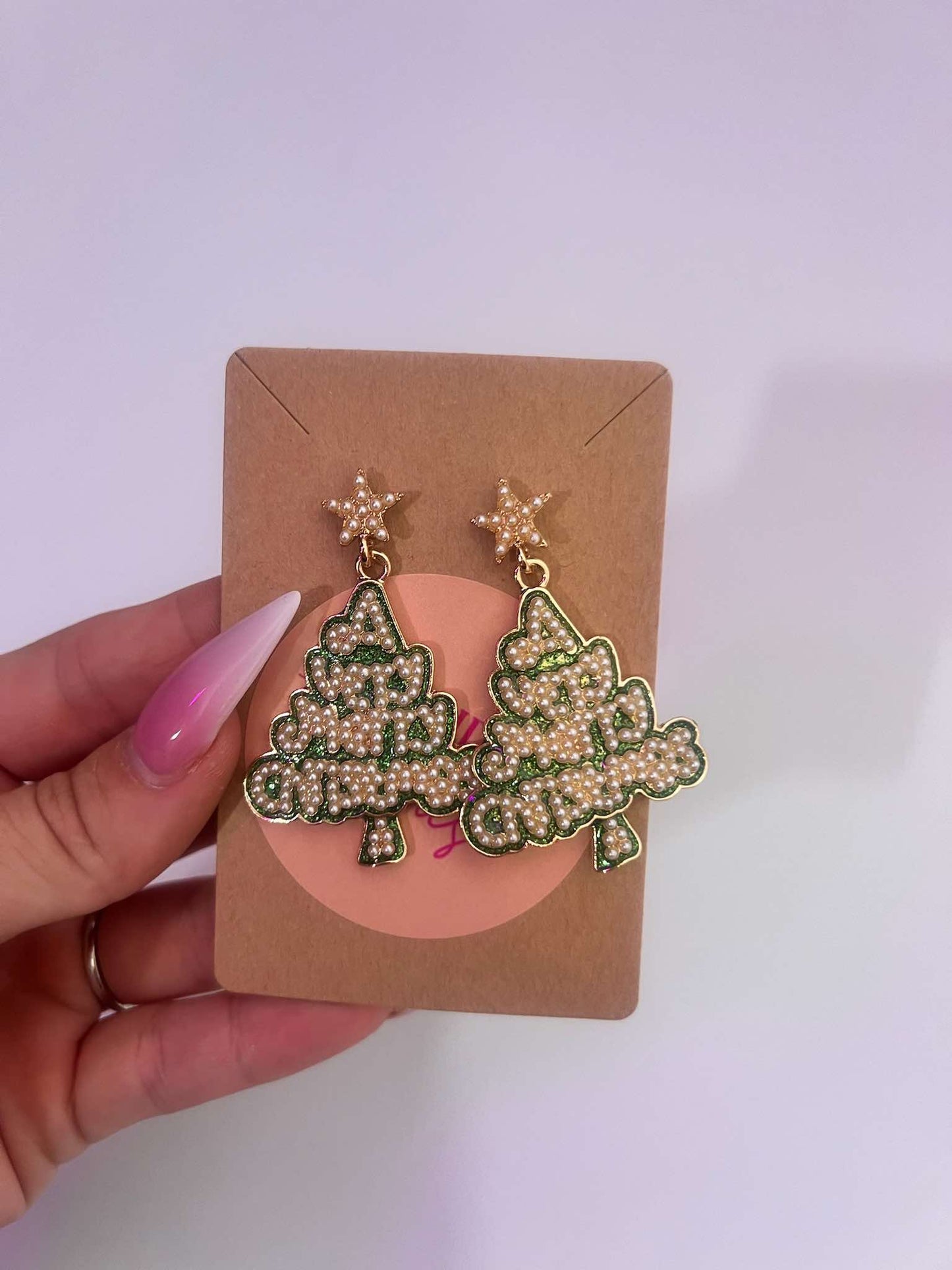 Green with Pearl Christmas Tree Earrings