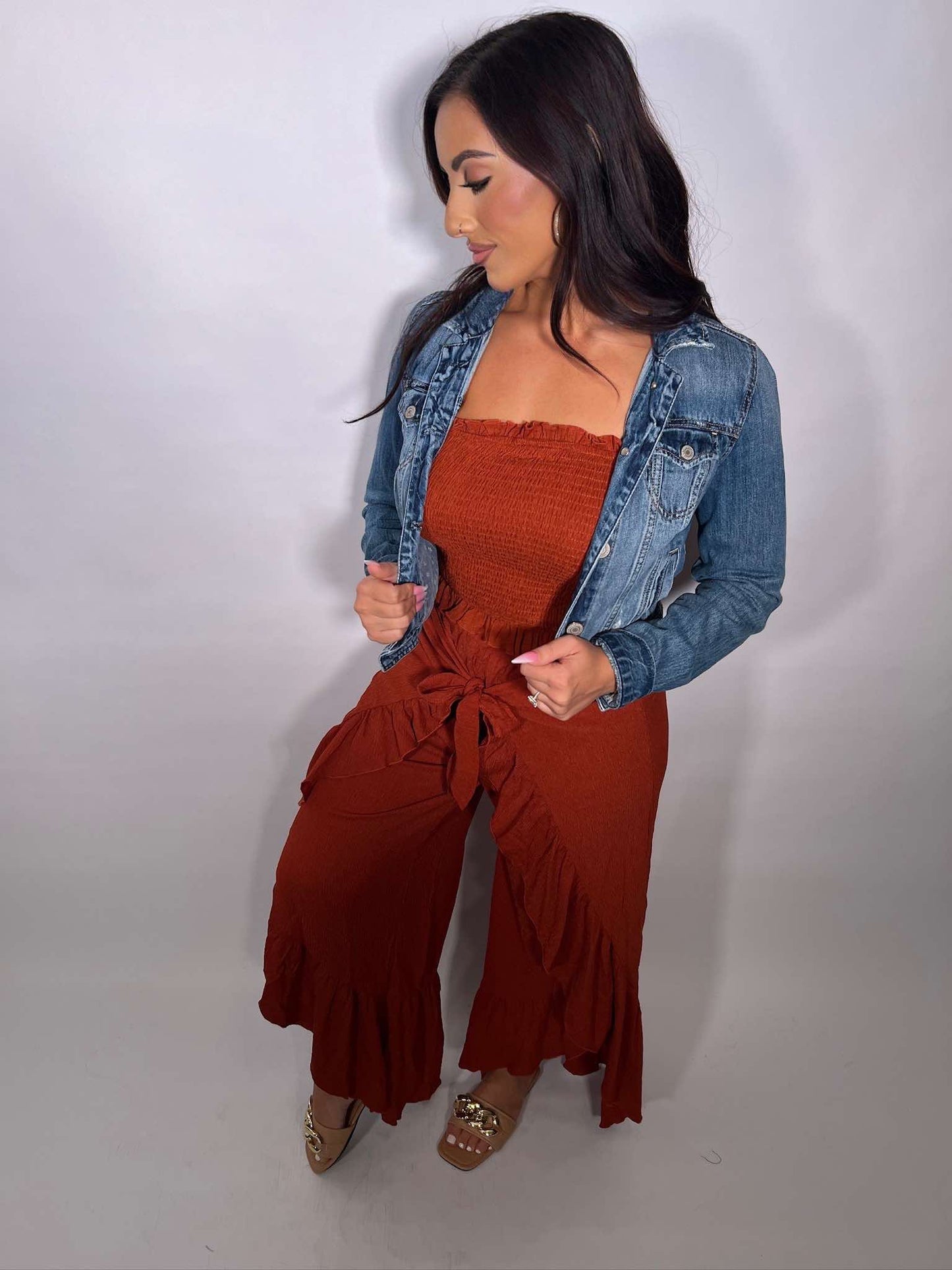 Shirred Hem Tie Front Wide Leg Flowy Pants
