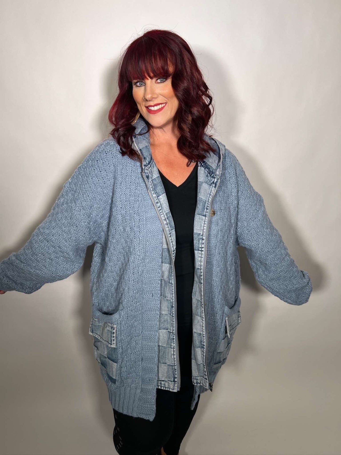 WASHED CHECKER DENIM ZIP UP SWEATER CARDIGAN