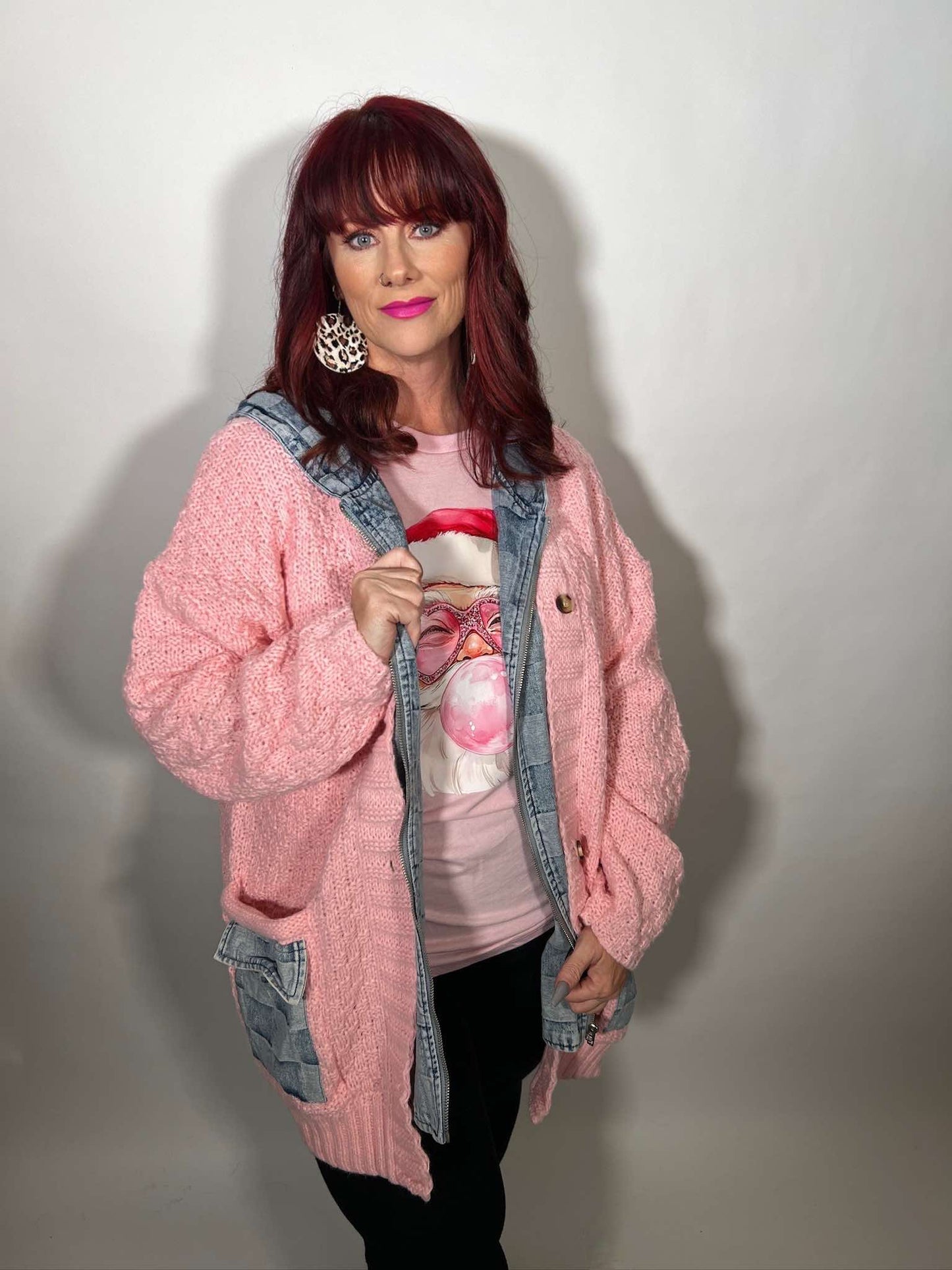 WASHED CHECKER DENIM ZIP UP SWEATER CARDIGAN