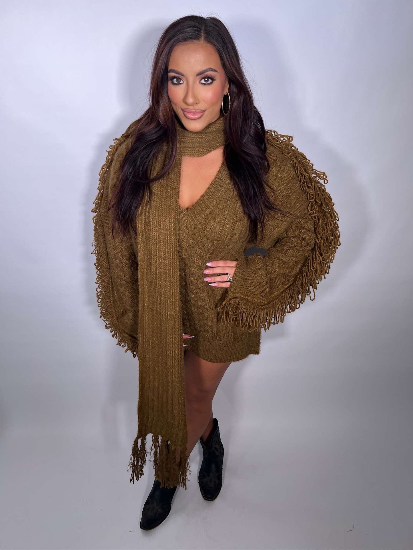 Chunky Knit Sweater Dress with Fringe