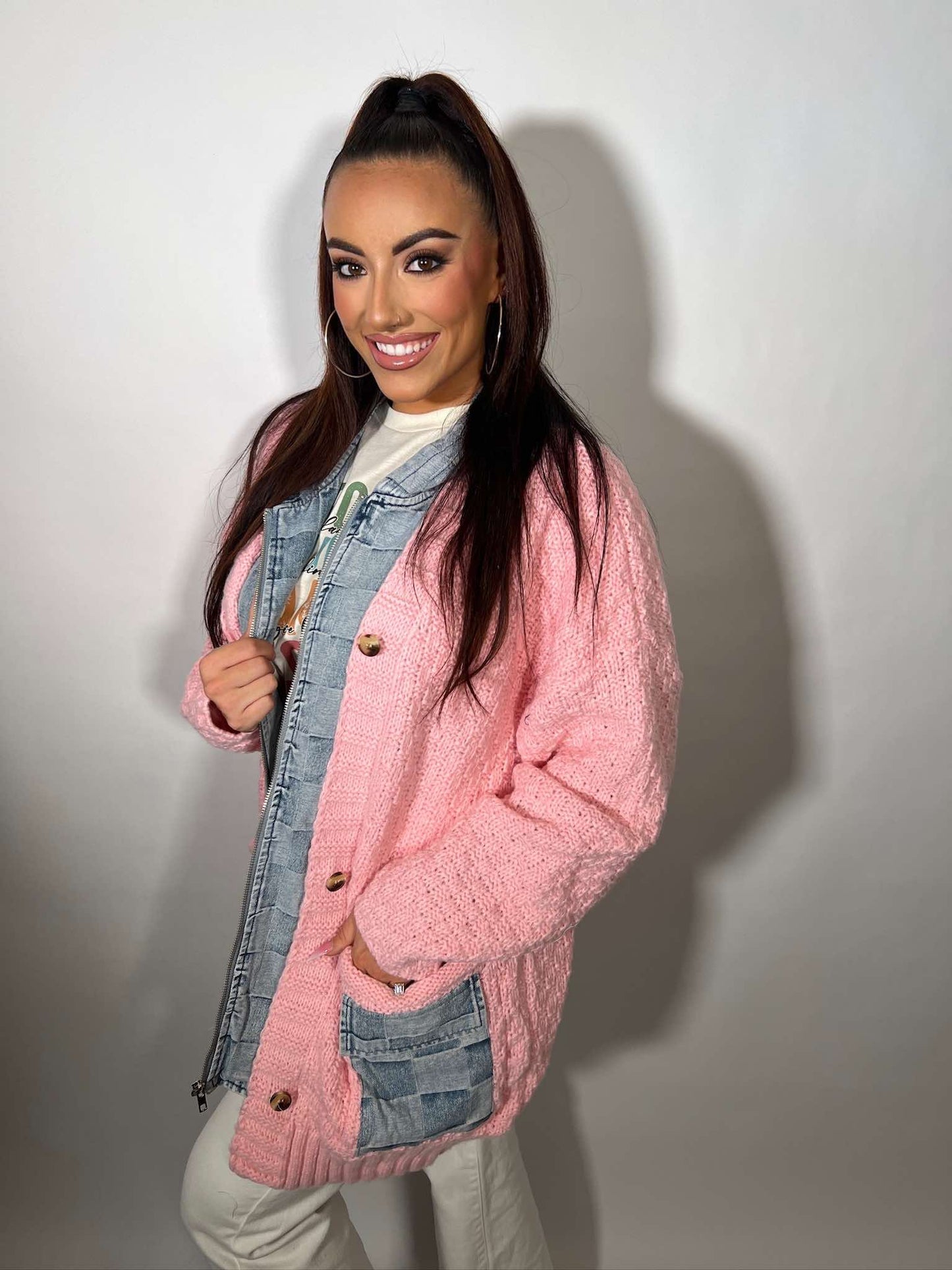 WASHED CHECKER DENIM ZIP UP SWEATER CARDIGAN