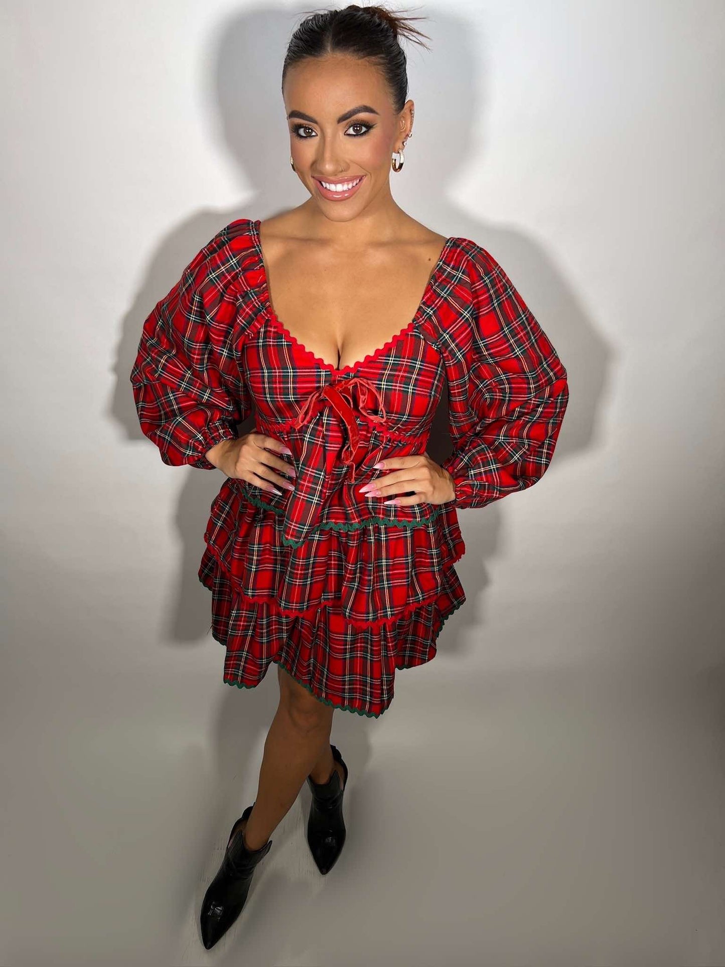 Christmas Plaid Long Sleeve Tiered Dress
