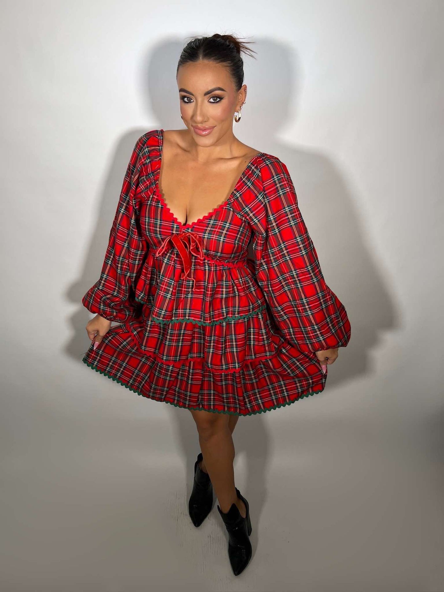 Christmas Plaid Long Sleeve Tiered Dress