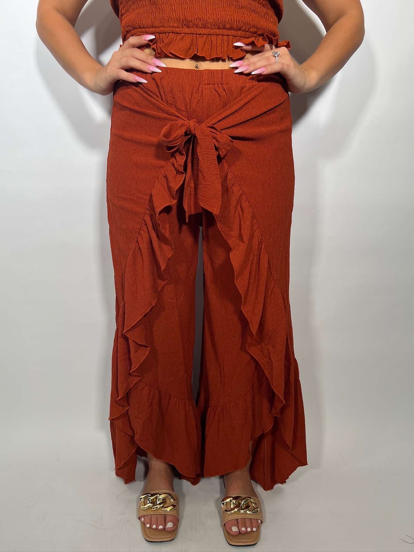 Shirred Hem Tie Front Wide Leg Flowy Pants