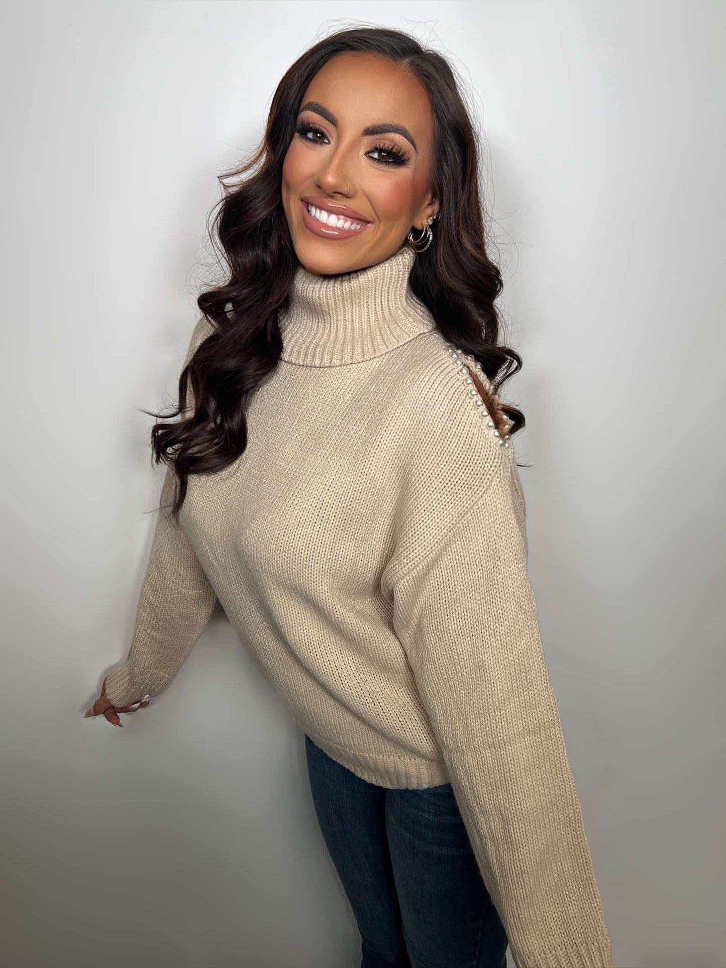 Turtleneck Pearled Knit Sweater