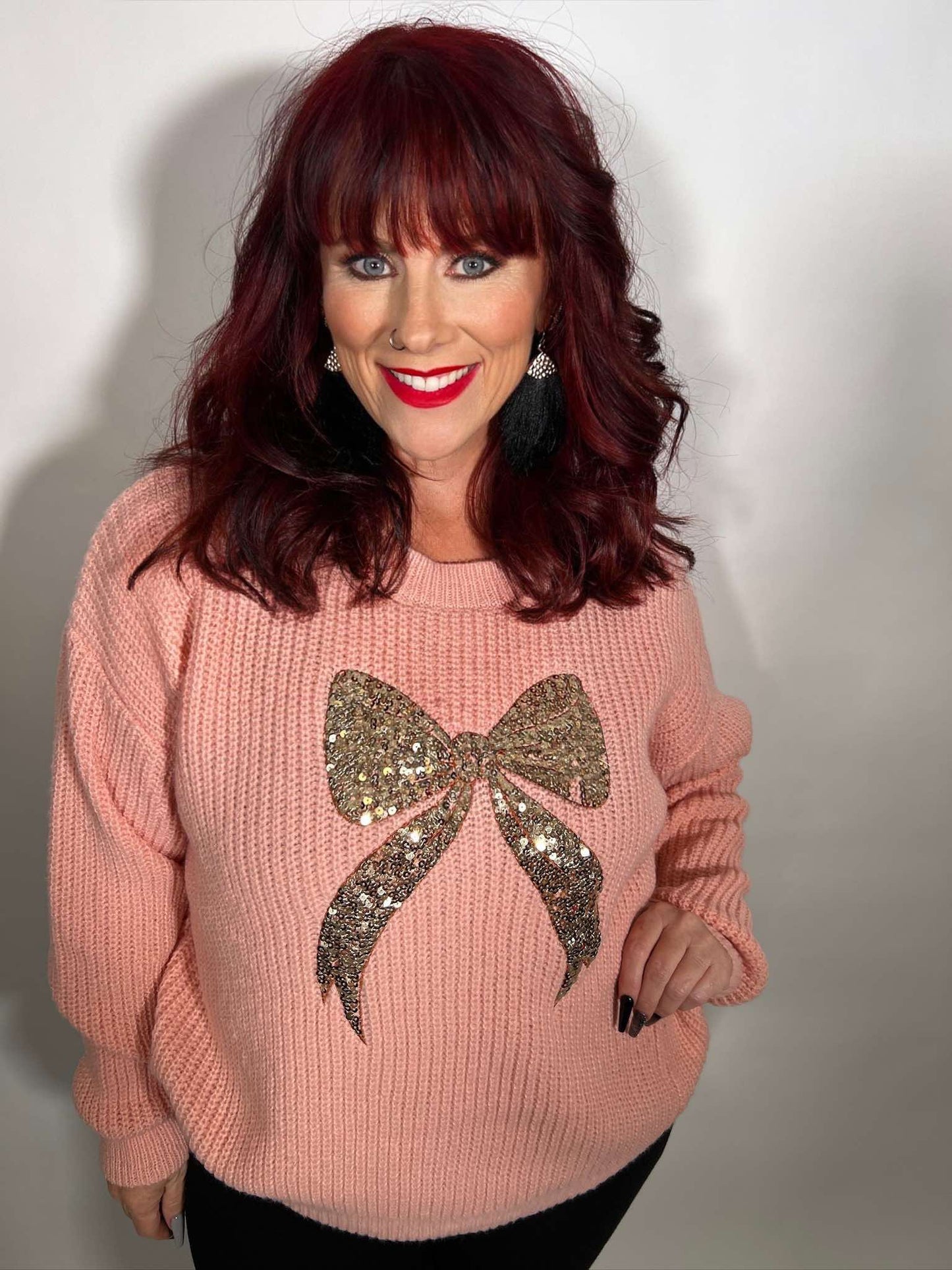 RIBBON SEQUINS CHRISTMAS HOLIDAY SWEATER TOP