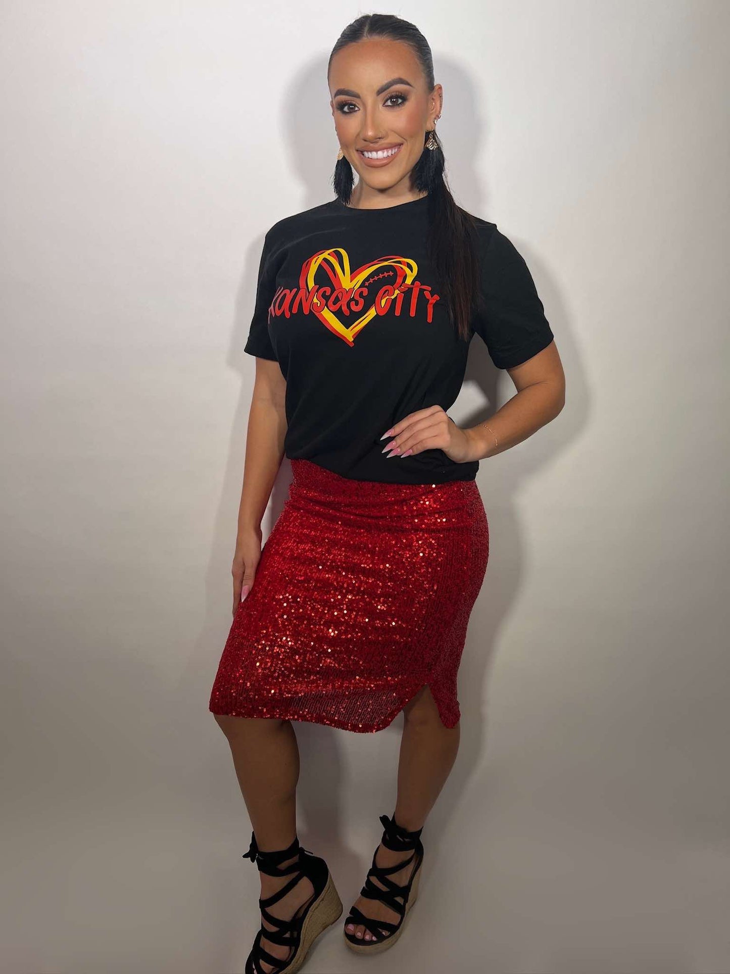 ELASTIC WAIST SIDE SLIT SEQUIN MIDI SKIRT