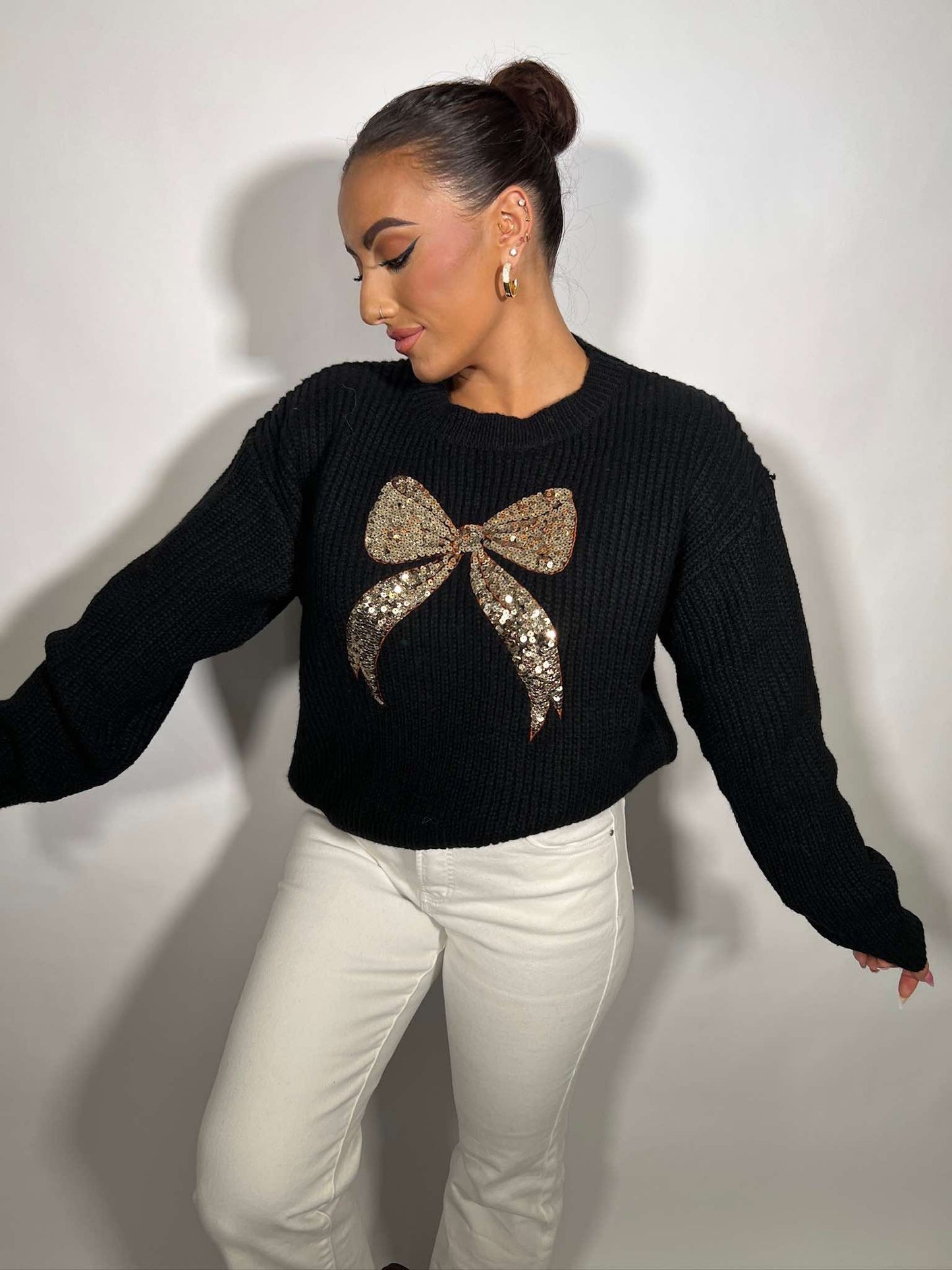 RIBBON SEQUINS CHRISTMAS HOLIDAY SWEATER TOP