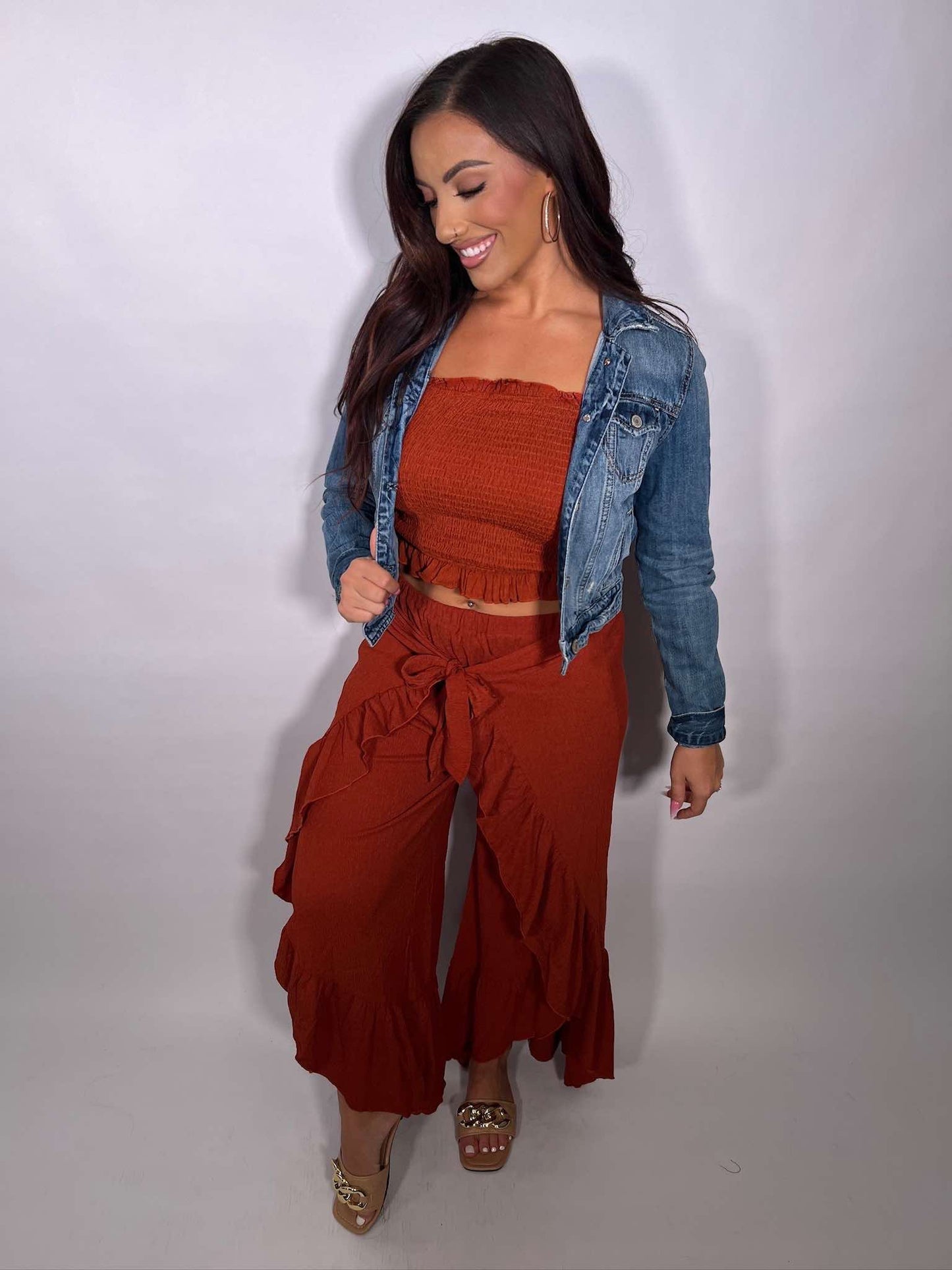 Shirred Hem Tie Front Wide Leg Flowy Pants