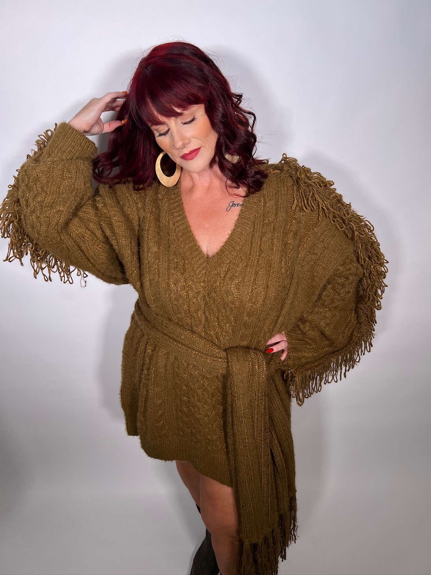 Chunky Knit Sweater Dress with Fringe