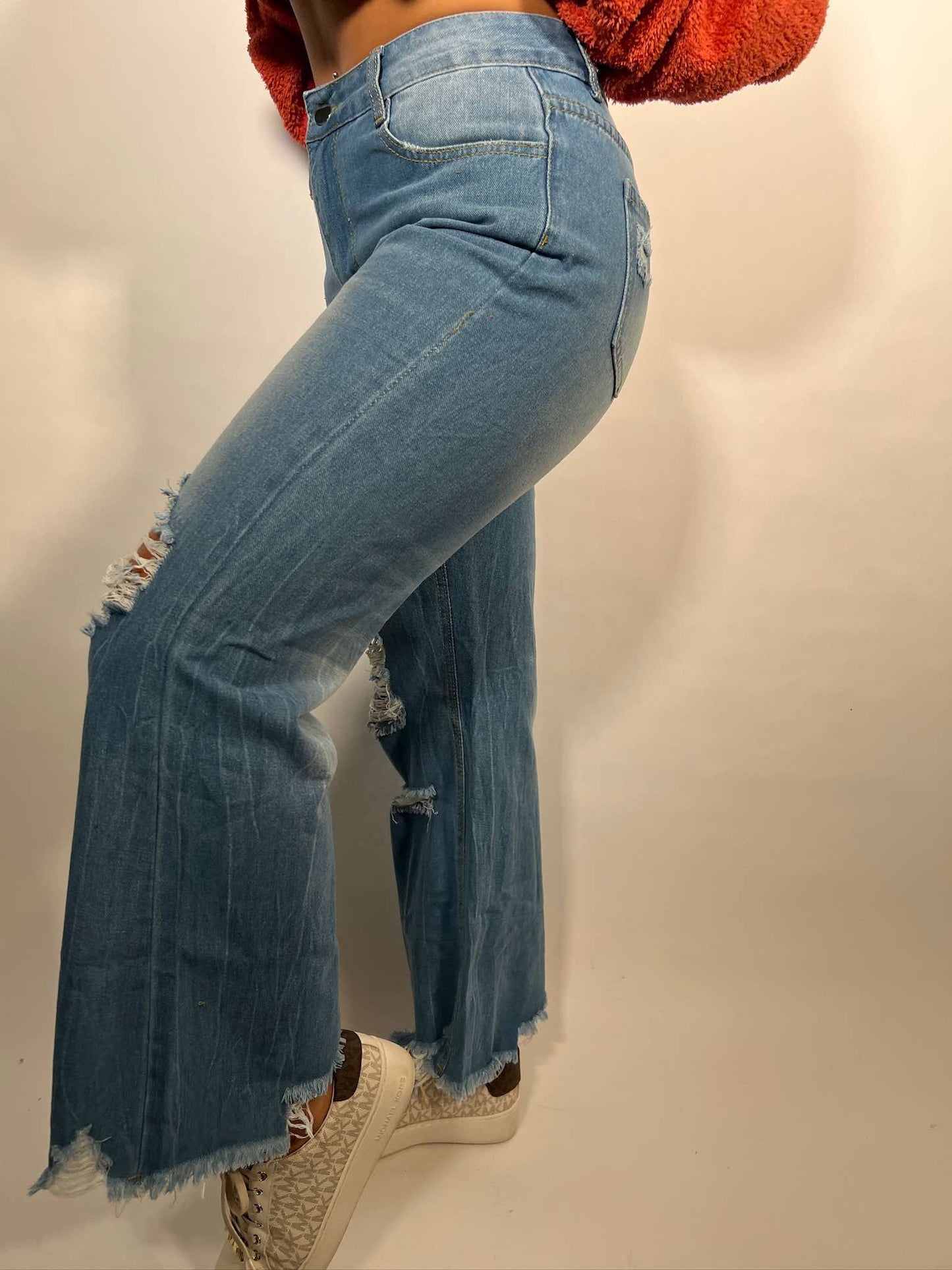 LONG JEANS WITH RIPPED FRINGE WASH