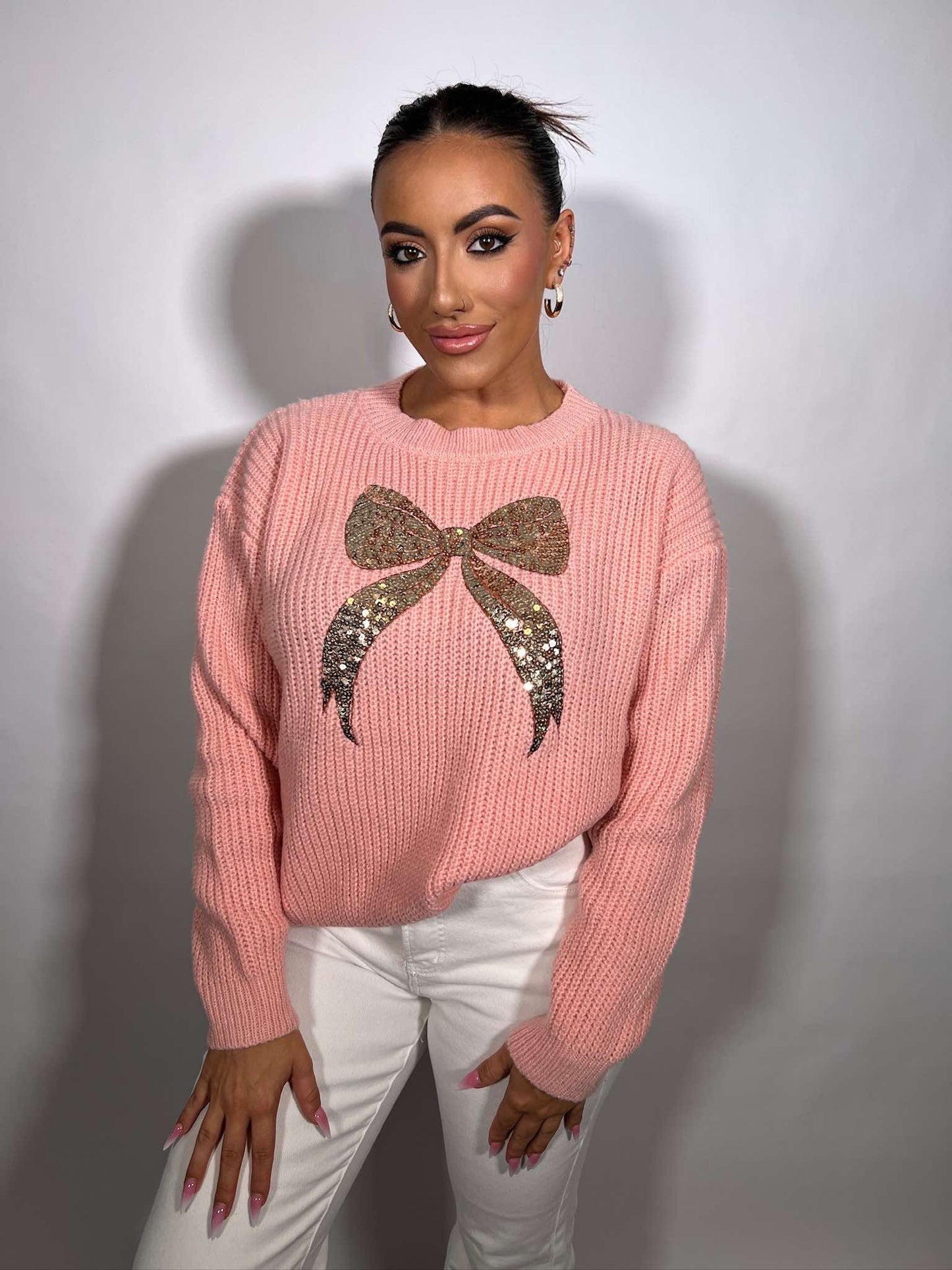 RIBBON SEQUINS CHRISTMAS HOLIDAY SWEATER TOP