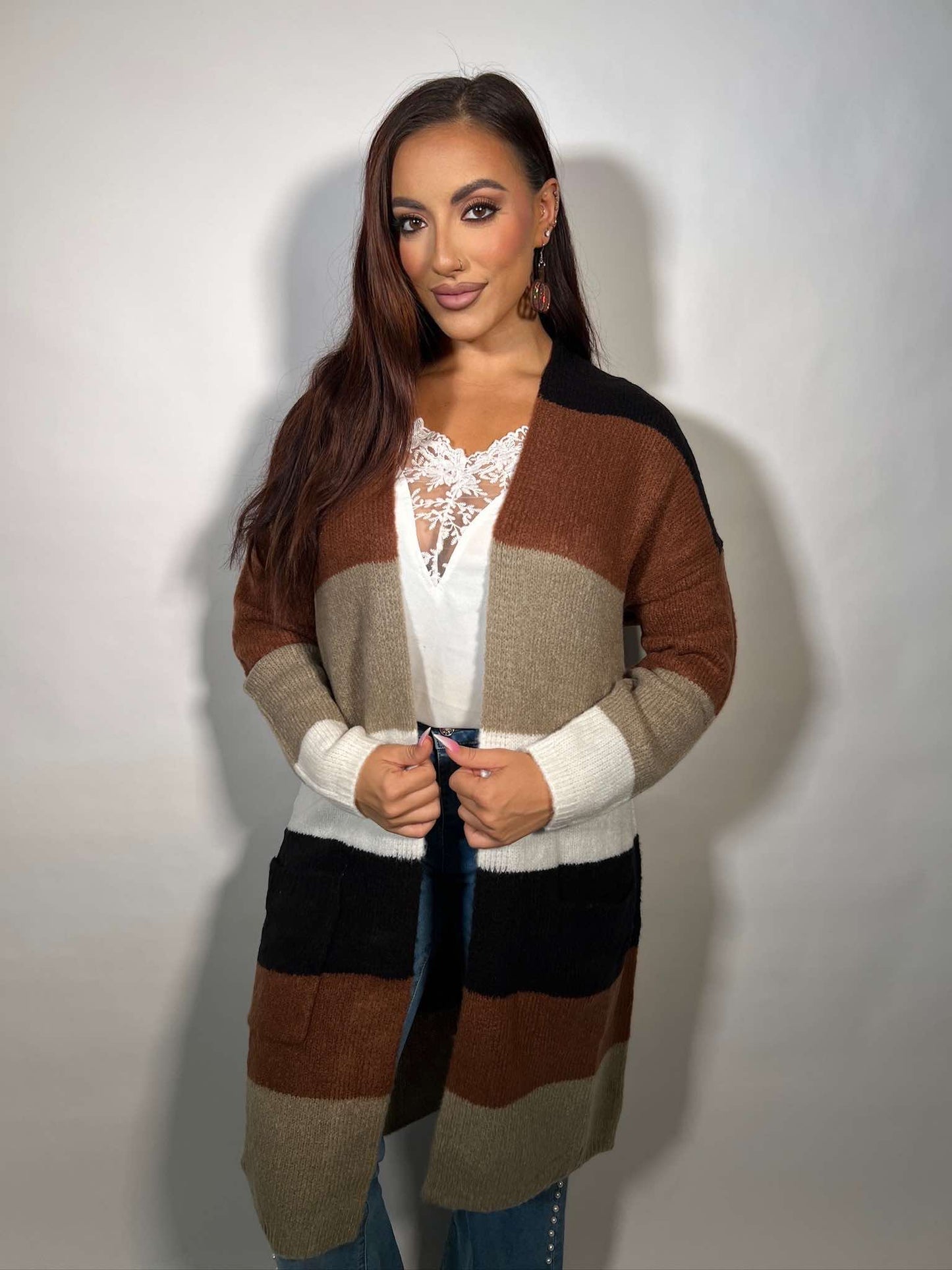 LONG SLV OPEN FRONT COLOR BLOCK CARDIGAN