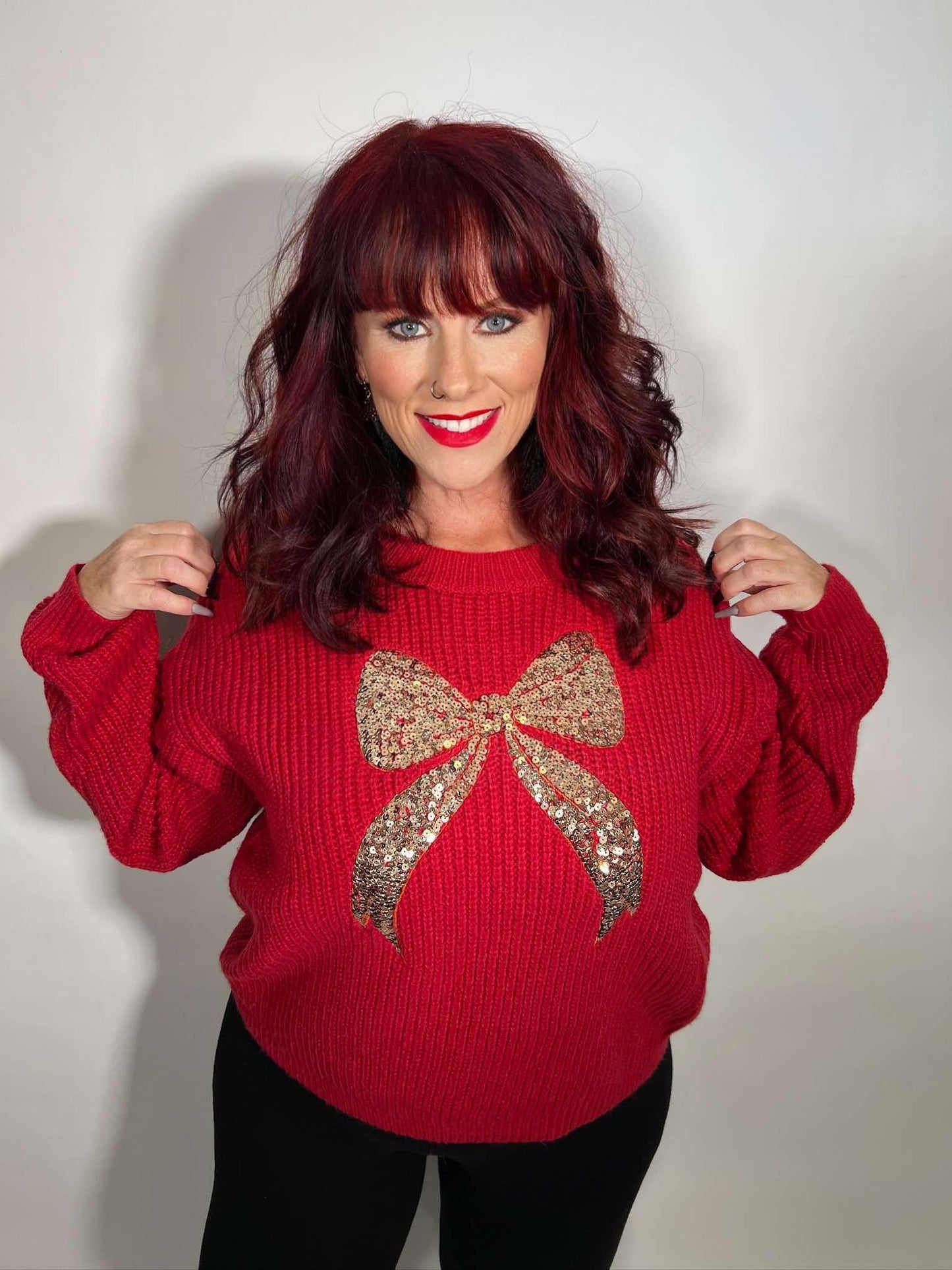 RIBBON SEQUINS CHRISTMAS HOLIDAY SWEATER TOP