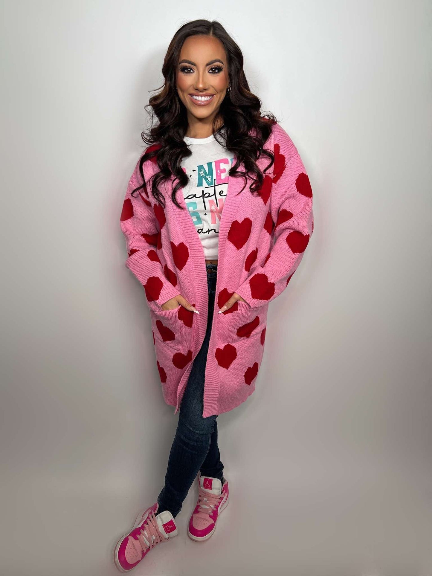 HEART PATTERN LONG KNIT CARDIGAN WITH POCKETS